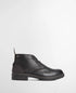 A black Barbour leather lace-up ankle boot with a dark brown sole, shown from a side profile against a clean white background.