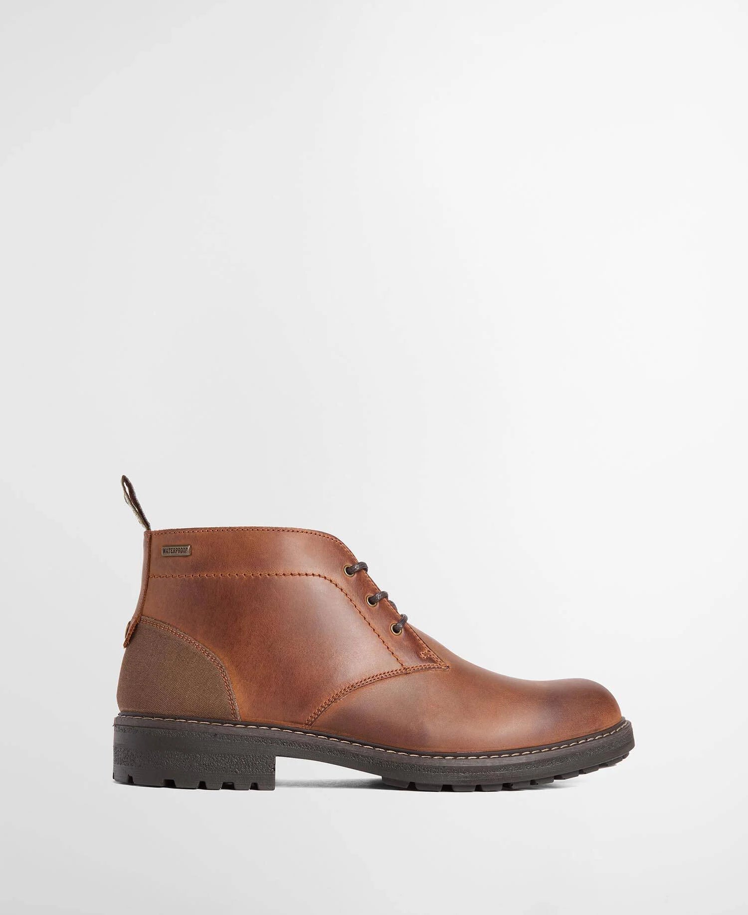 A brown Barbour leather lace-up ankle boot with a dark brown sole, shown from a side profile against a clean white background.