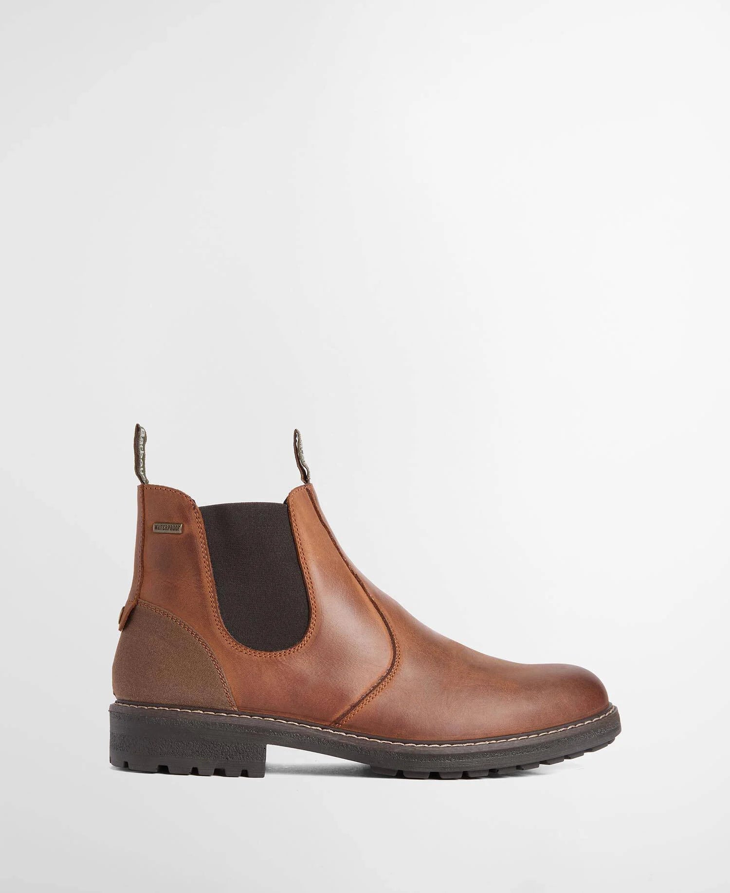 A brown Barbour leather Chelsea boot with dark brown elastic side panels and a dark sole, shown in profile against a light gray background.