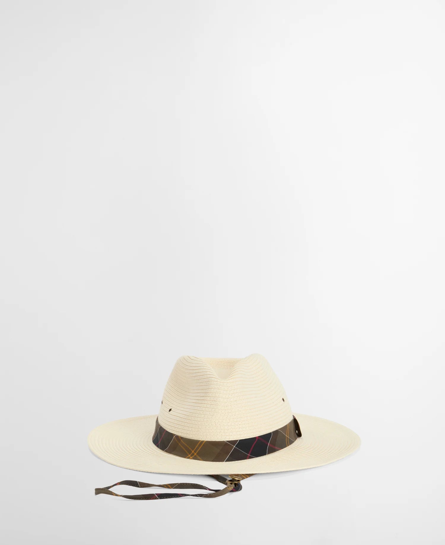 Barbour Kirkstone fedora hat ecru braided straw tartan band front view