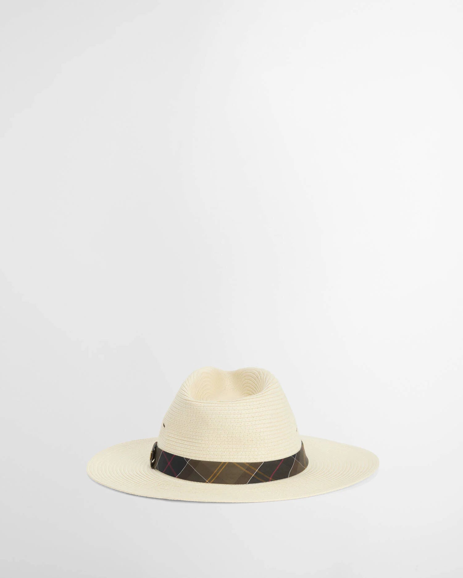 Barbour Kirkstone fedora hat ecru braided straw tartan band rear view