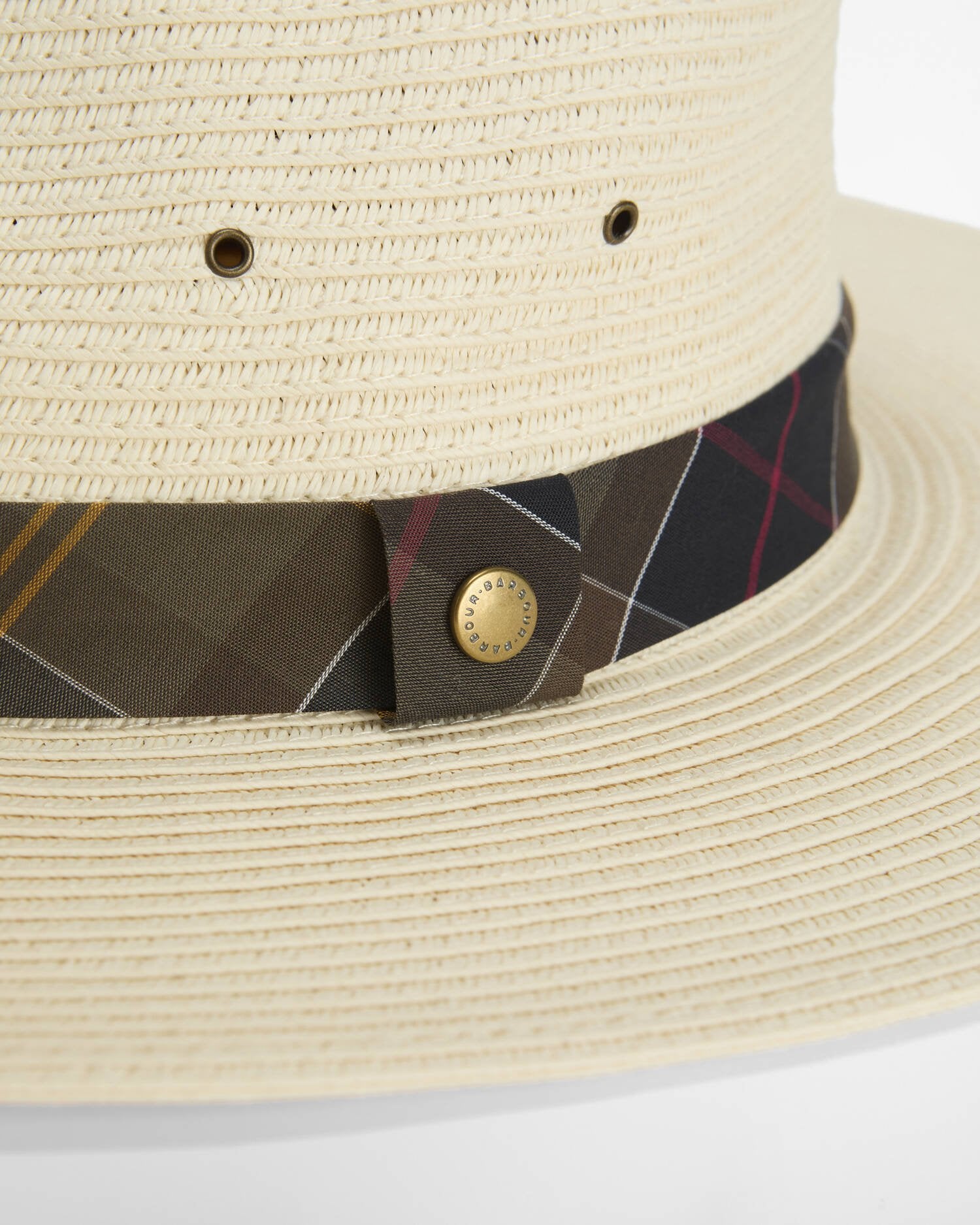 Barbour Kirkstone fedora hat ecru braided straw tartan band logo stud detail view