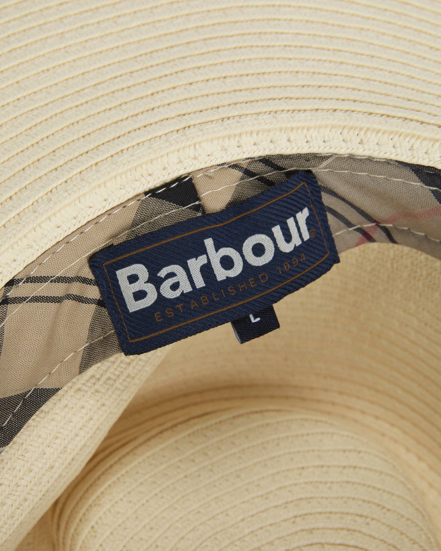 Barbour Kirkstone fedora hat ecru braided straw tartan band logo