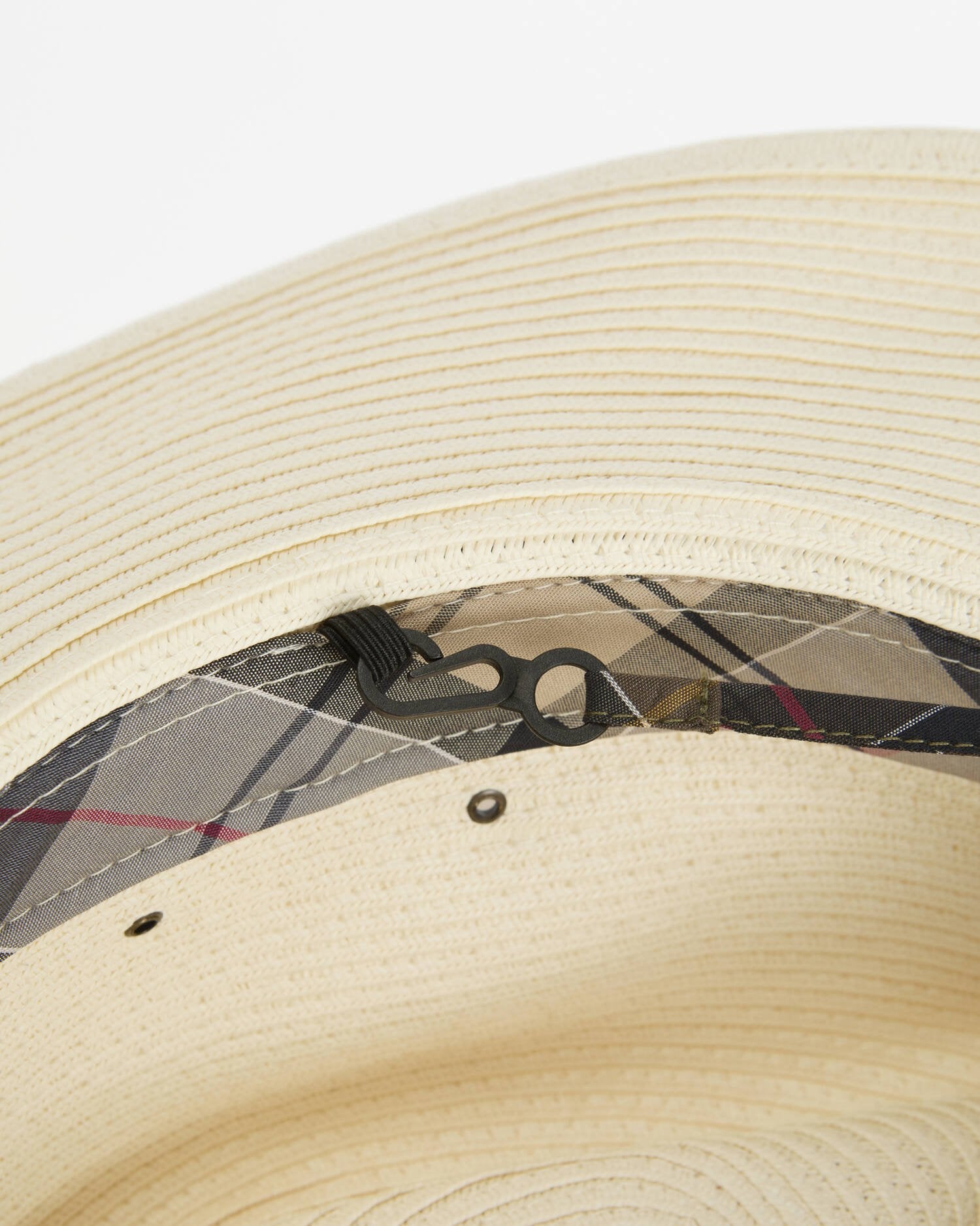 Barbour Kirkstone fedora hat ecru braided straw tartan band angled view