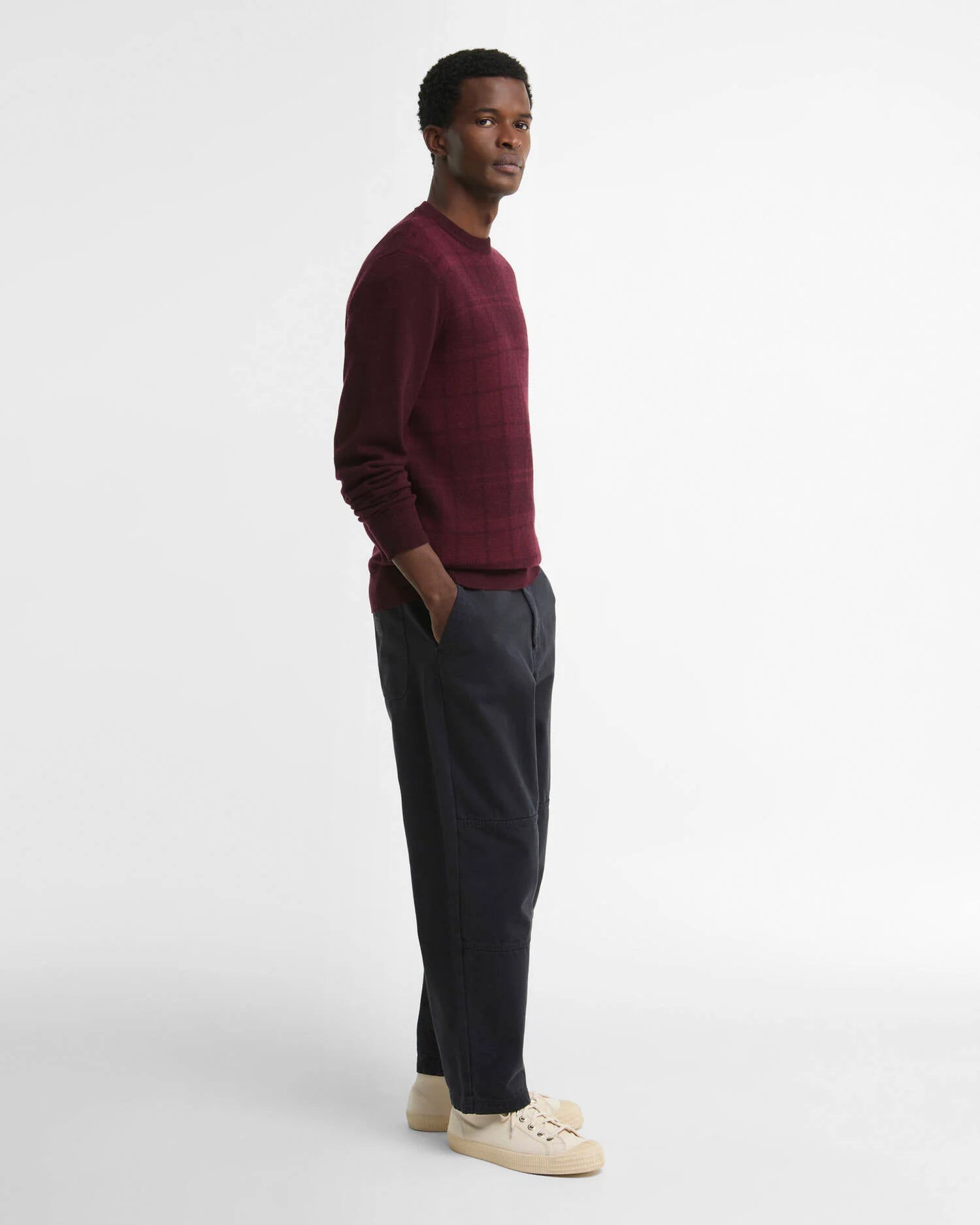 Barbour Mineral Tartan Crew Neck Jumper in Burgundy