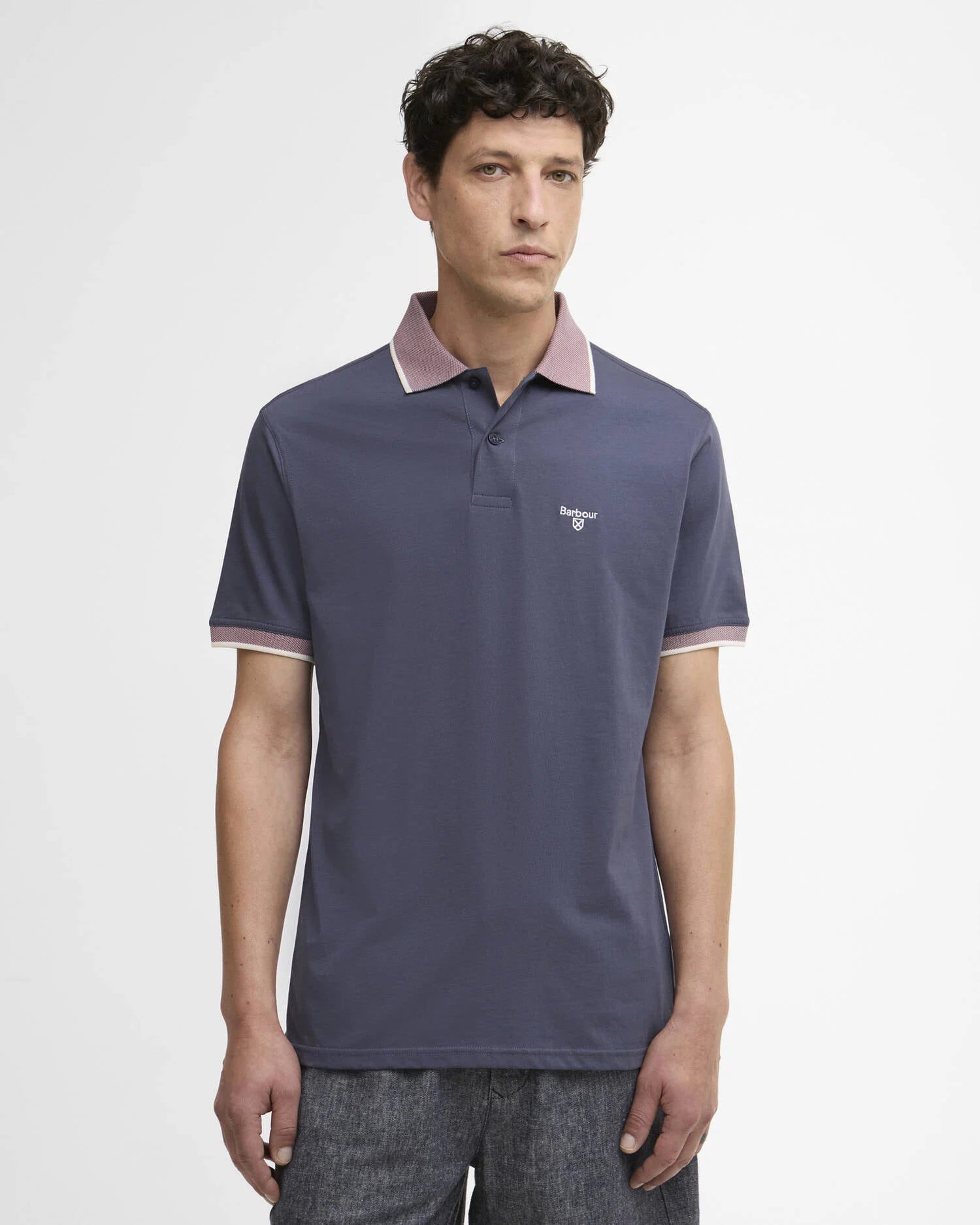 Barbour Cornsay polo shirt washed navy cotton embroidered logo front view