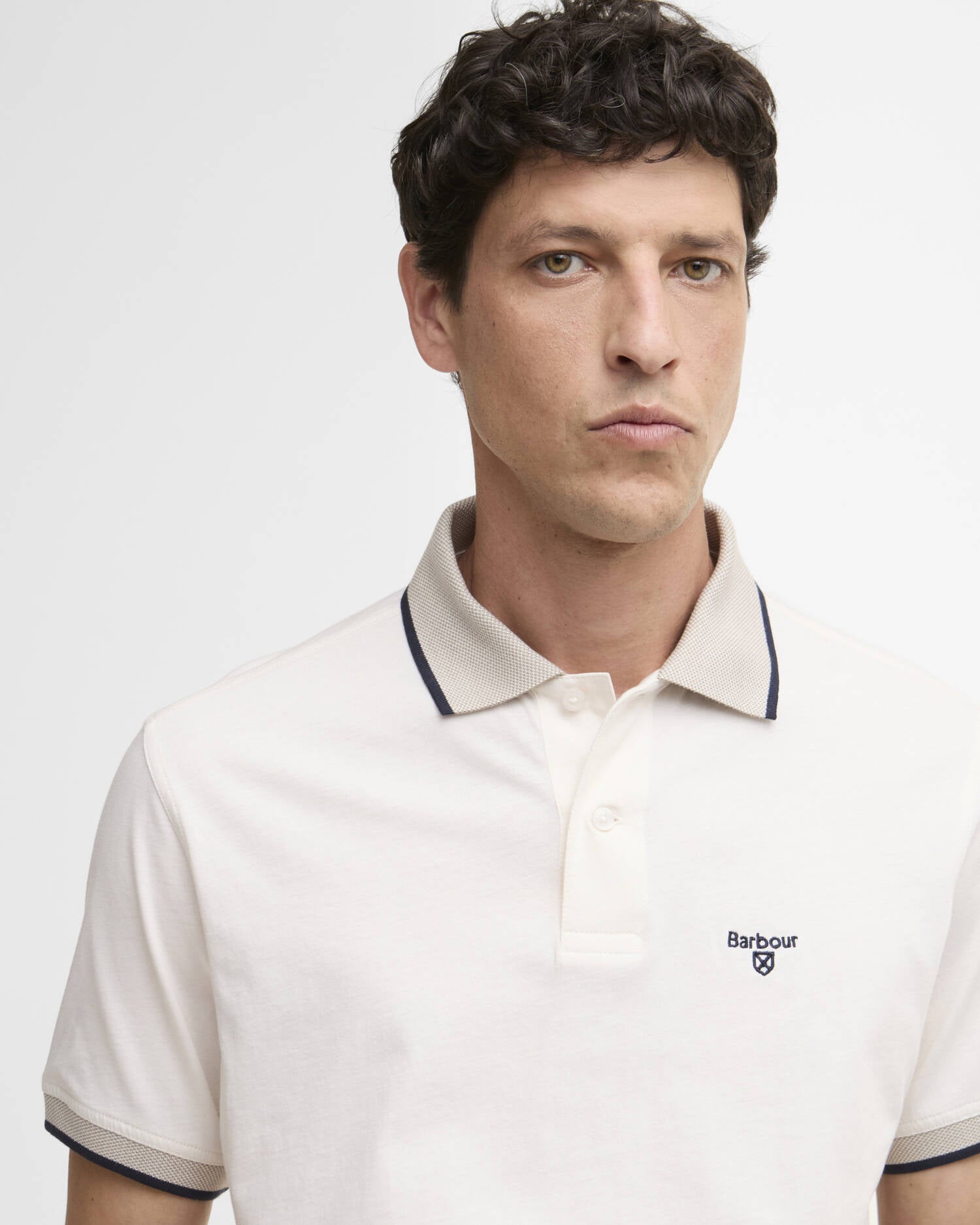 Barbour Cornsay polo shirt whisper white cotton embroidered logo chest detail view