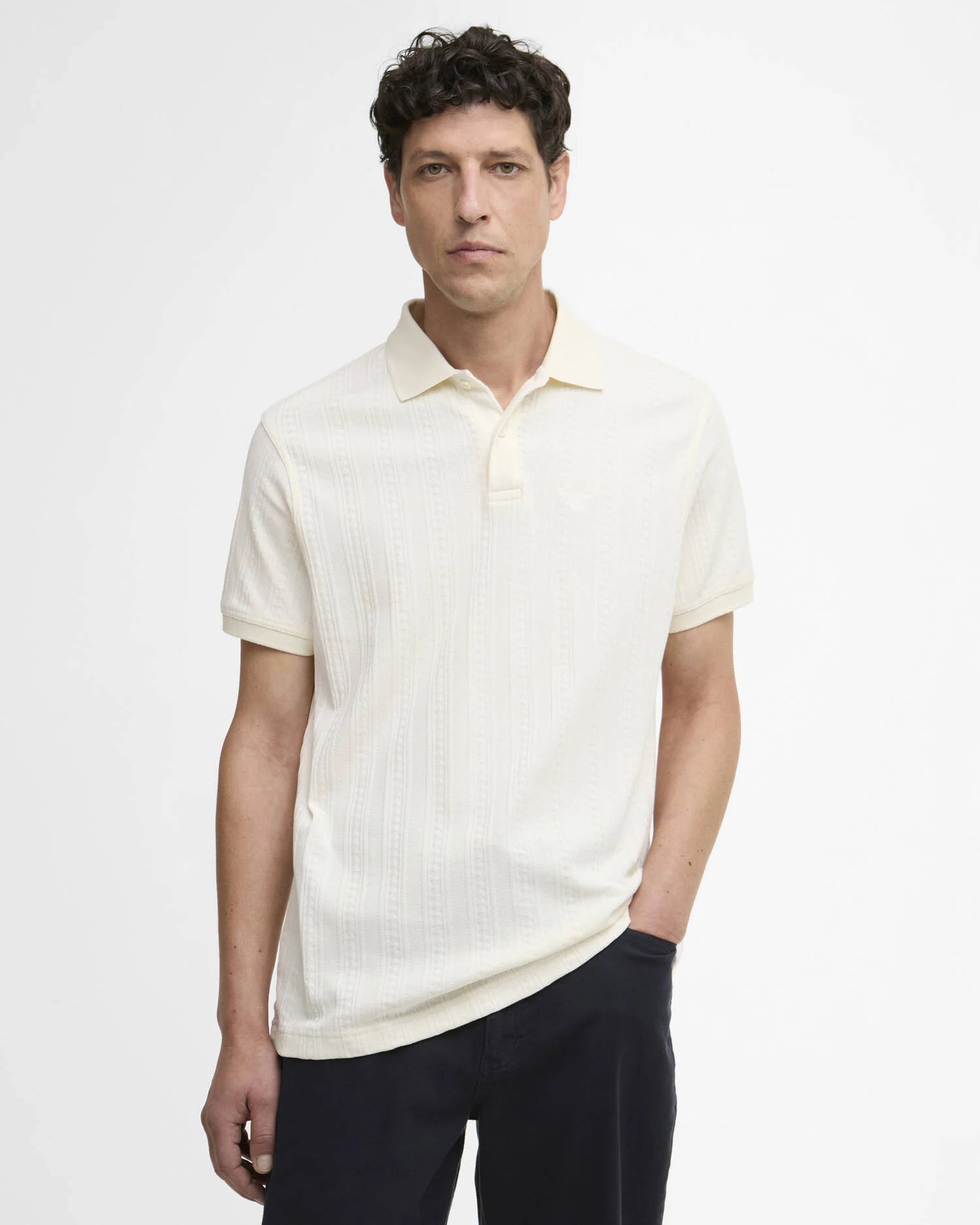 Barbour Harwell polo shirt whisper white jacquard cotton front view