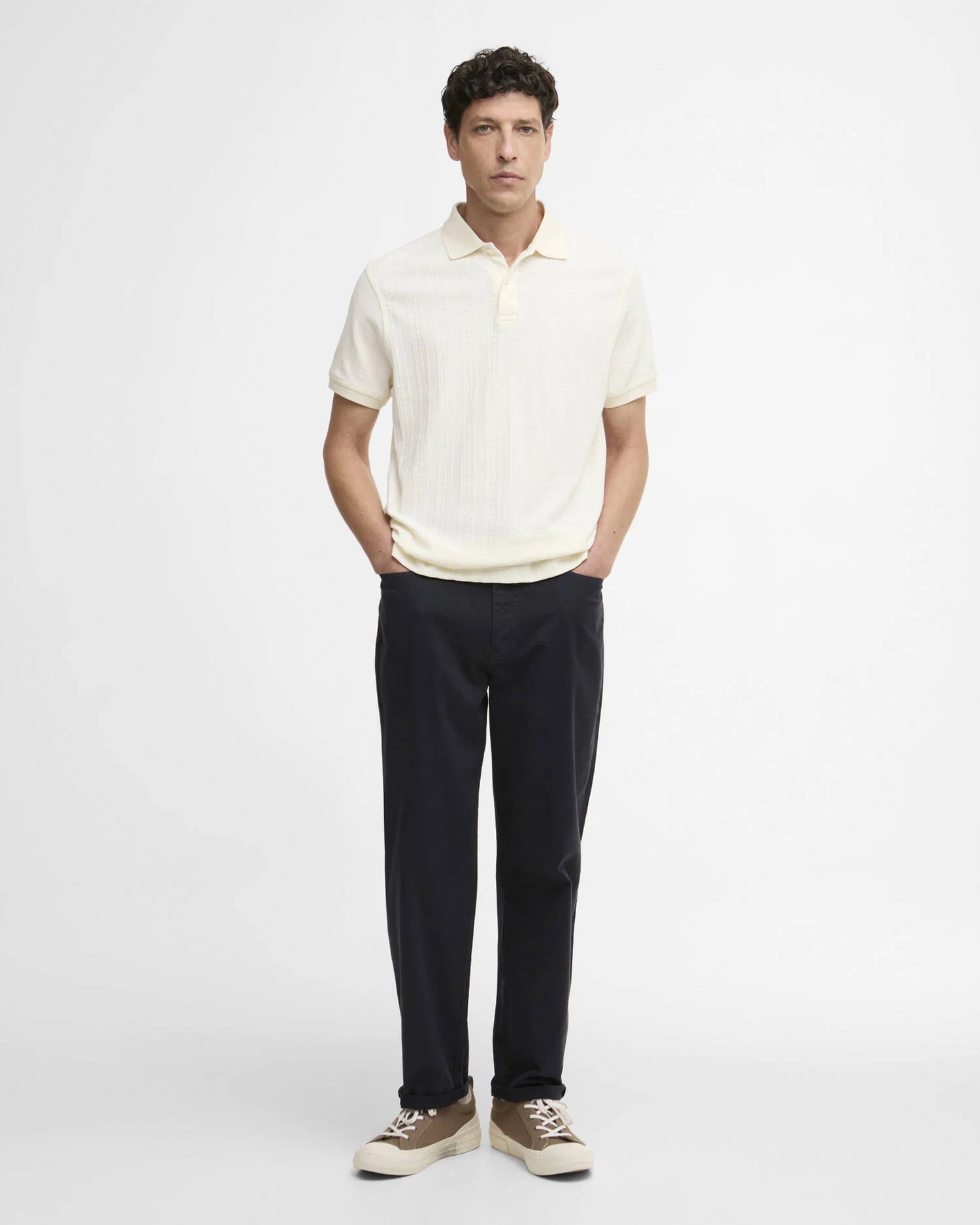Barbour Harwell polo shirt whisper white jacquard cotton full front view