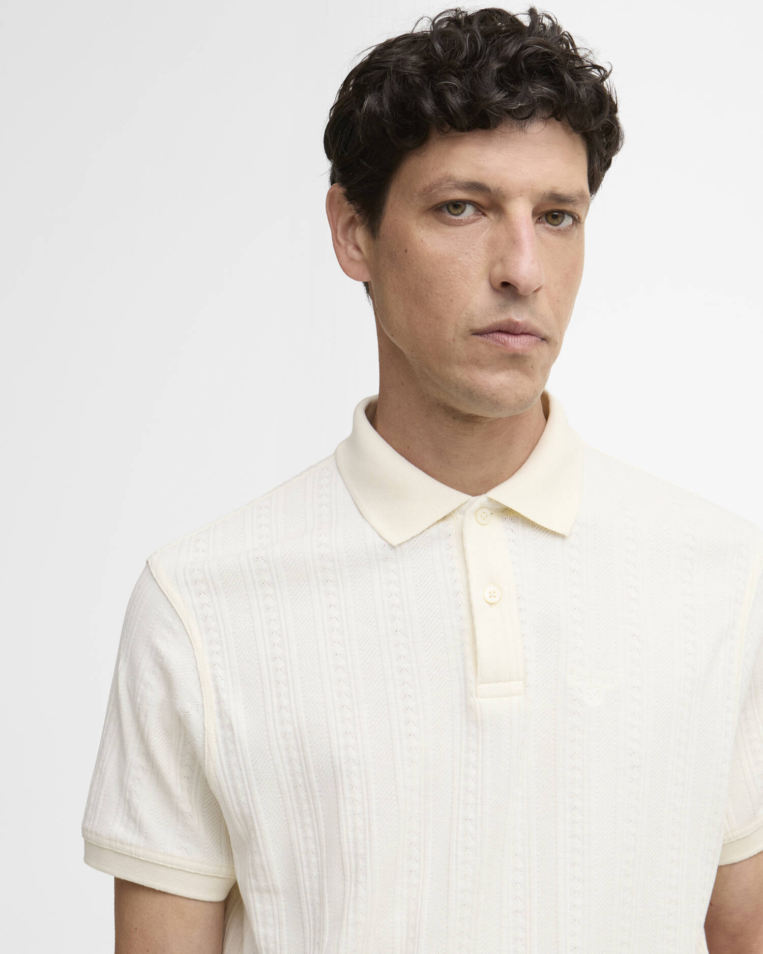 Barbour Harwell polo shirt whisper white jacquard cotton textured detail view