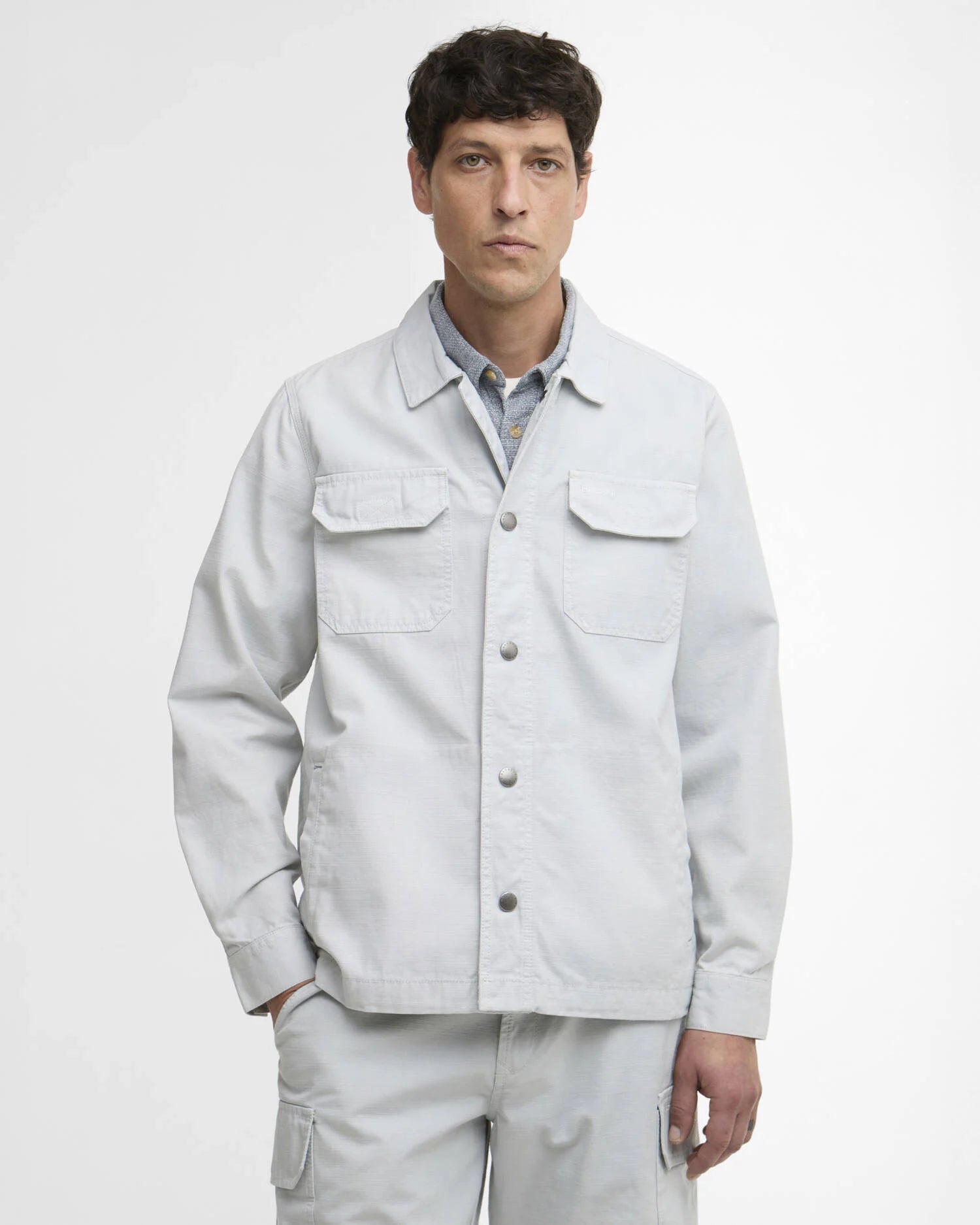 Barbour Draftmen overshirt blue haze cotton slub snap front front view
