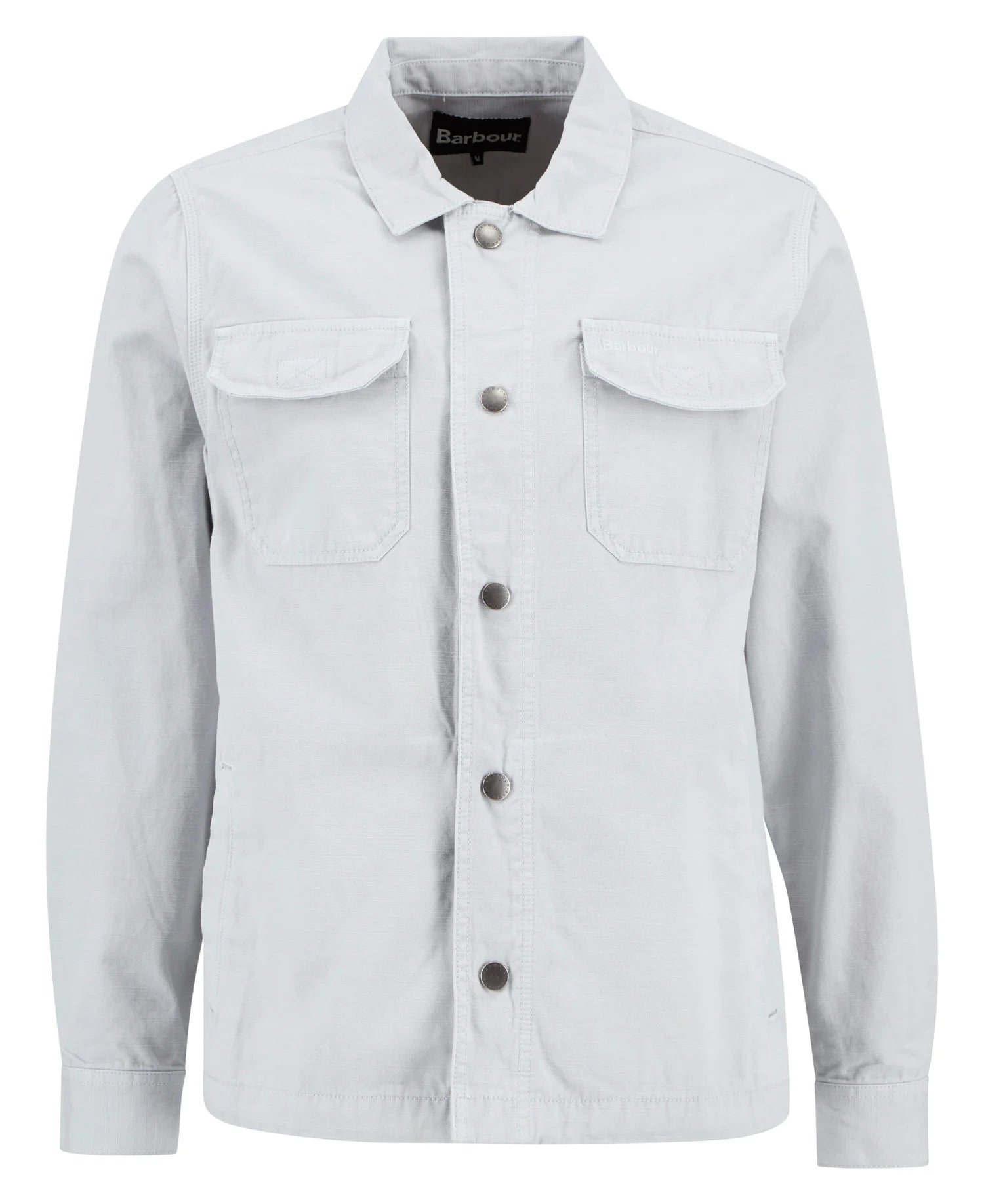 Barbour Draftmen overshirt blue haze cotton slub snap front angled flat view