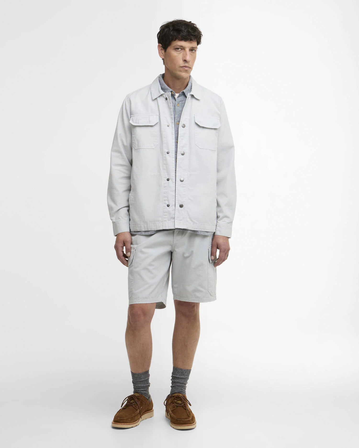 Barbour Draftmen overshirt blue haze cotton slub snap front angled front view