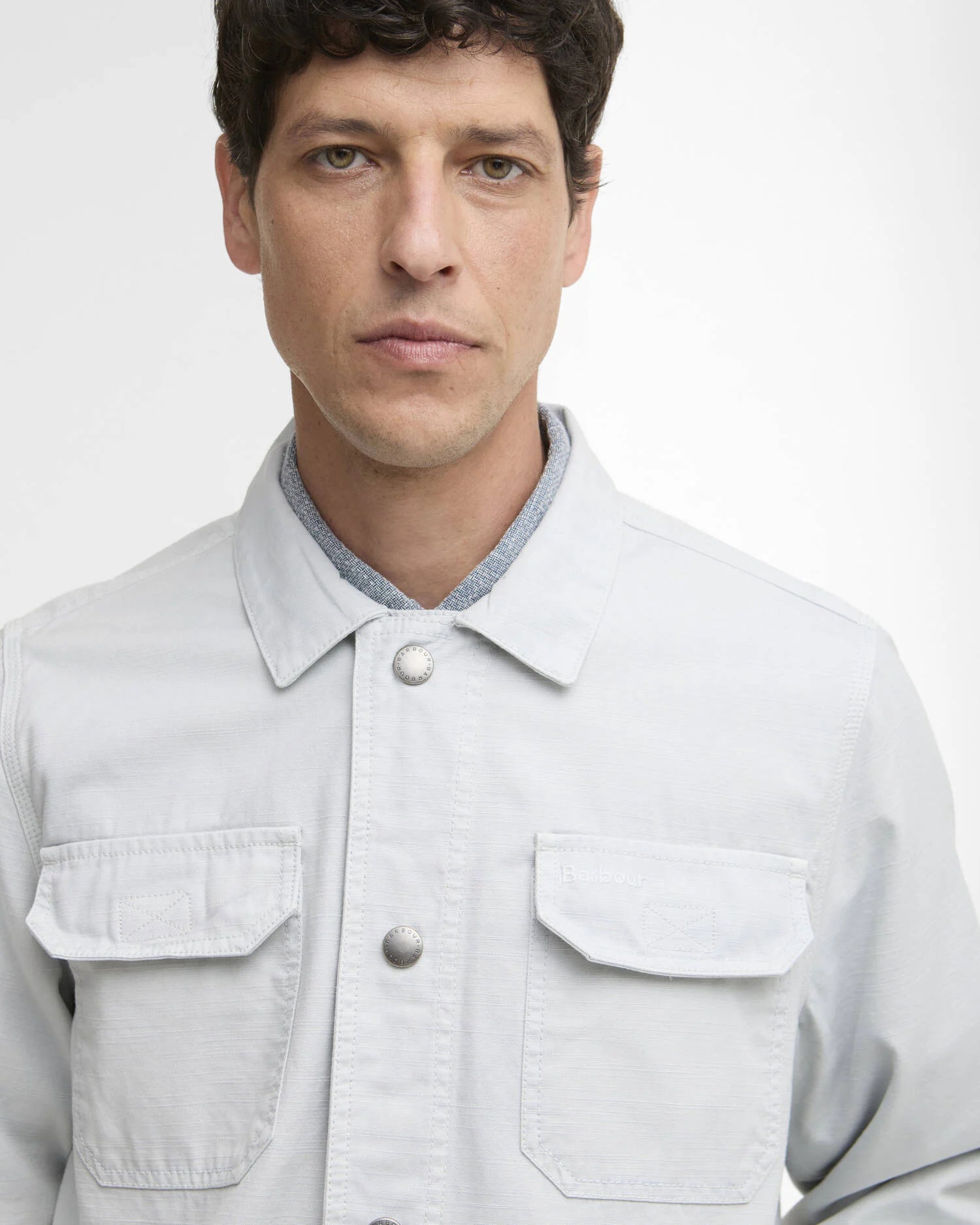 Barbour Draftmen overshirt blue haze cotton slub chest pocket detail view