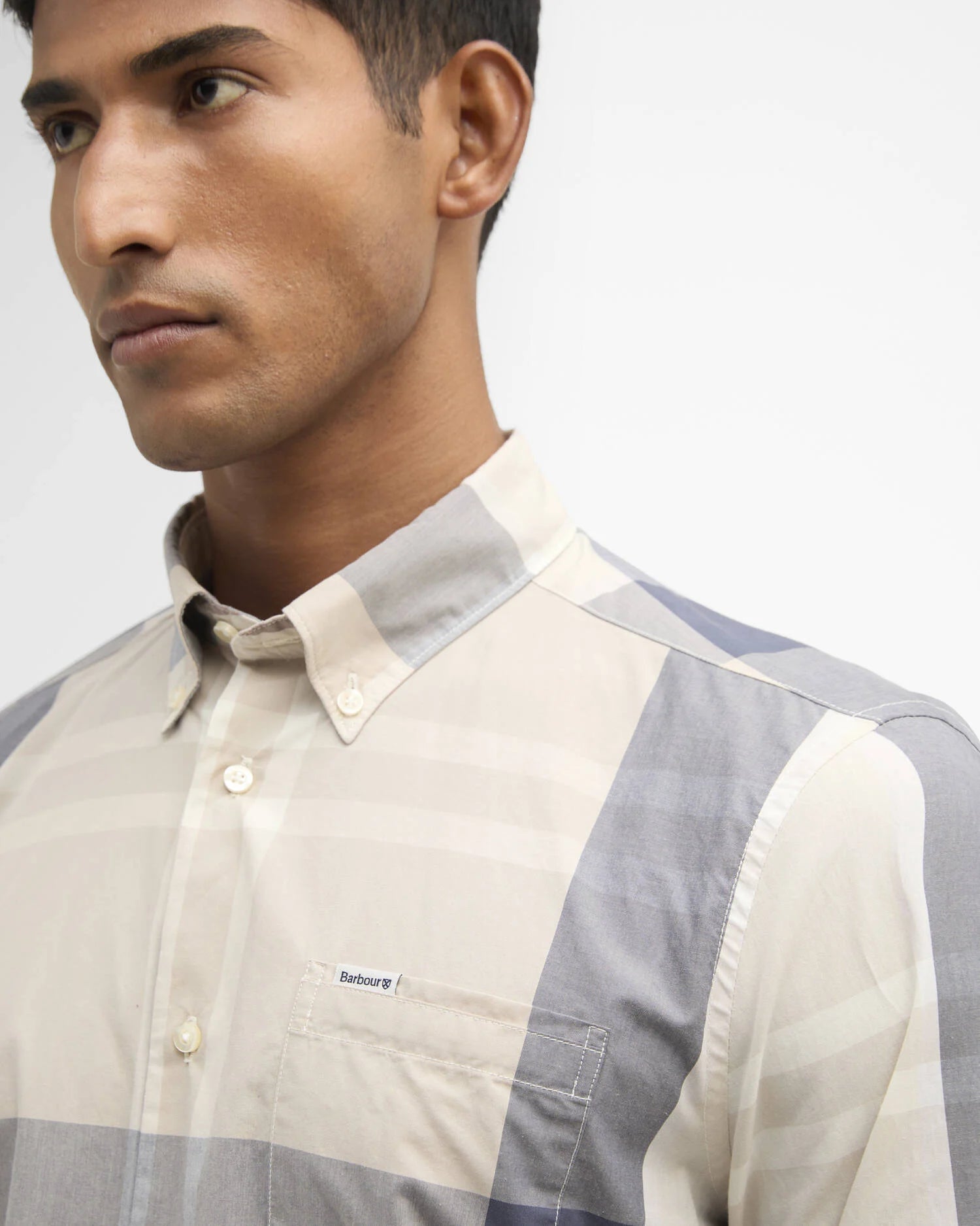 Barbour Harris long sleeve shirt Oban Mist tartan cotton angled front view