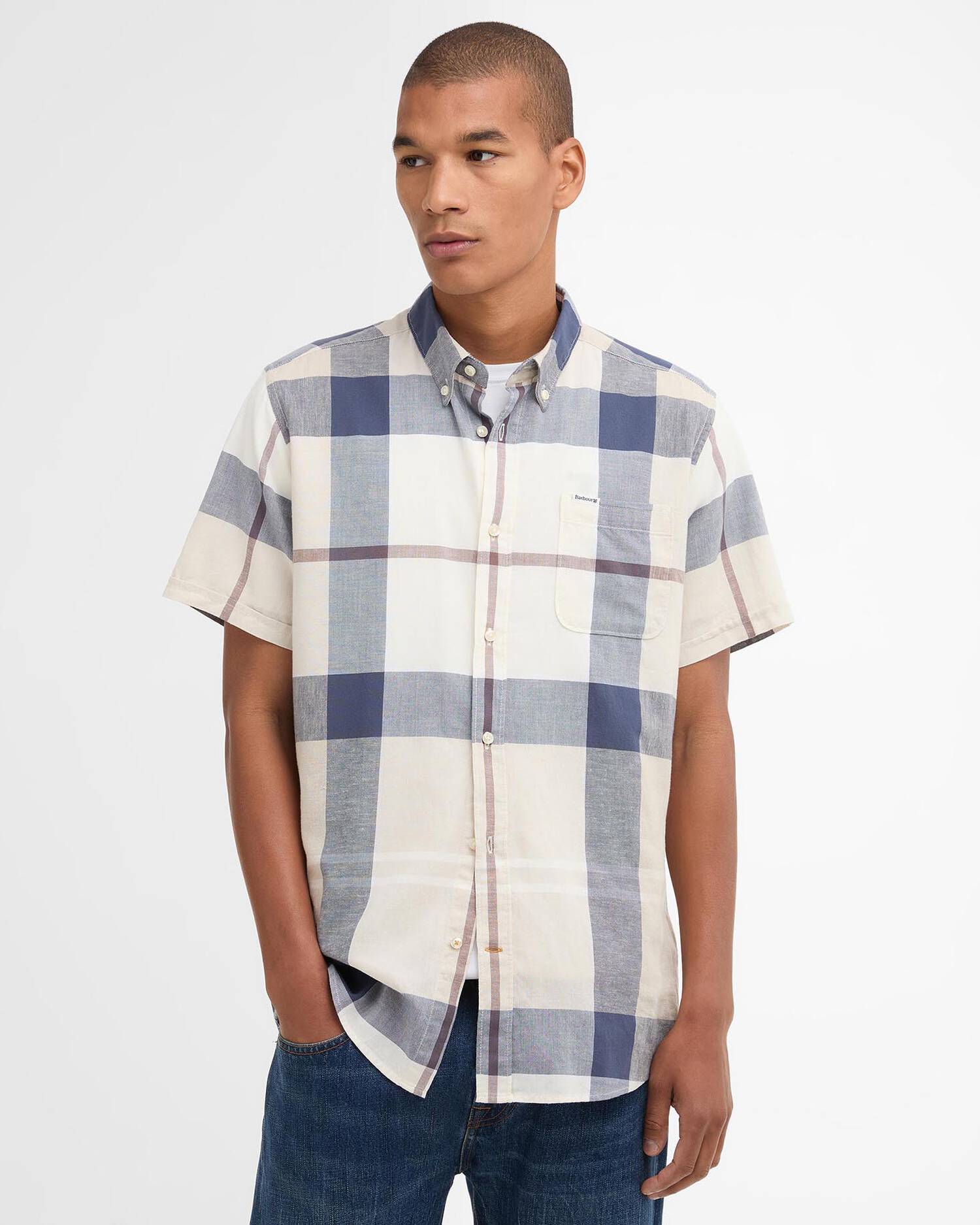 Barbour Douglas short sleeve shirt Oban Mist tartan cotton linen front view