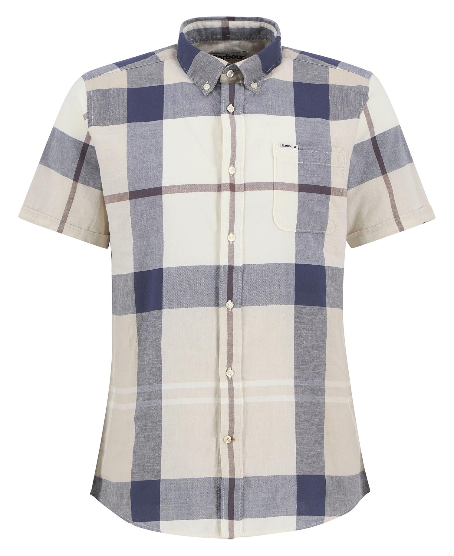 Barbour Douglas short sleeve shirt Oban Mist tartan cotton linen chest logo detail view