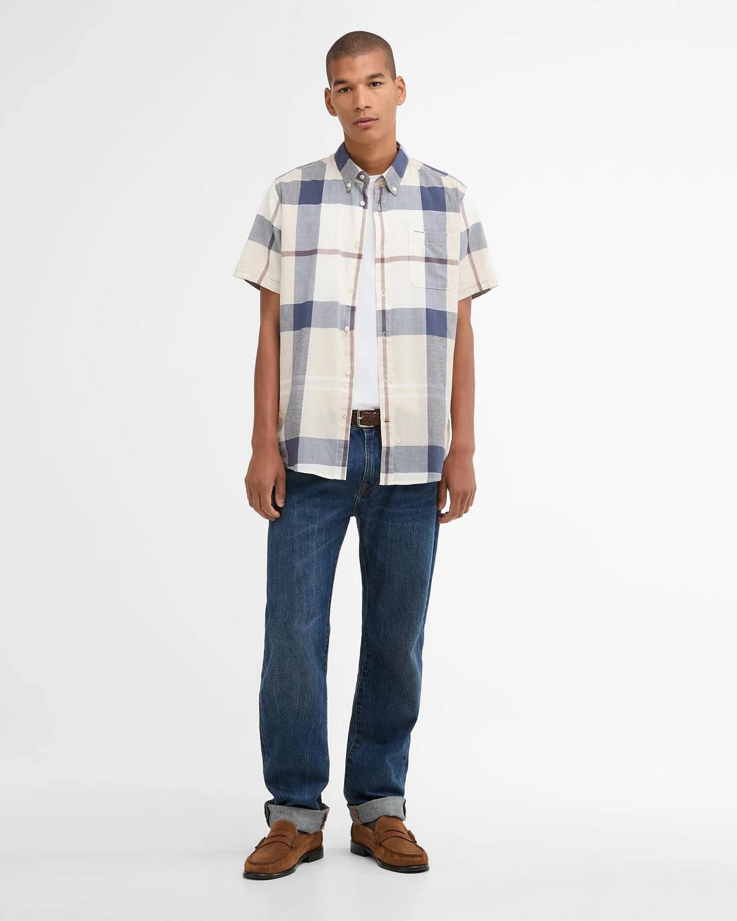 Barbour Douglas short sleeve shirt Oban Mist tartan cotton linen angled full front view