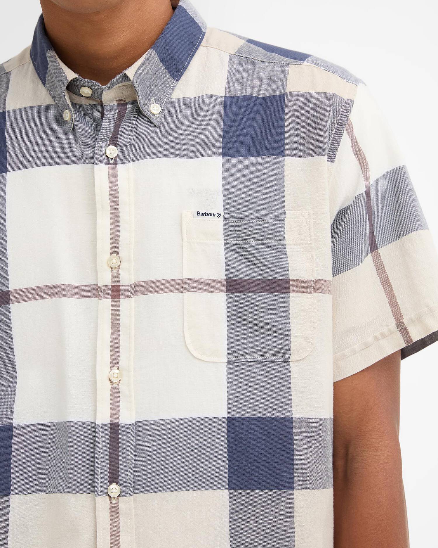 Barbour Douglas short sleeve shirt Oban Mist tartan cotton linen chest logo detail view