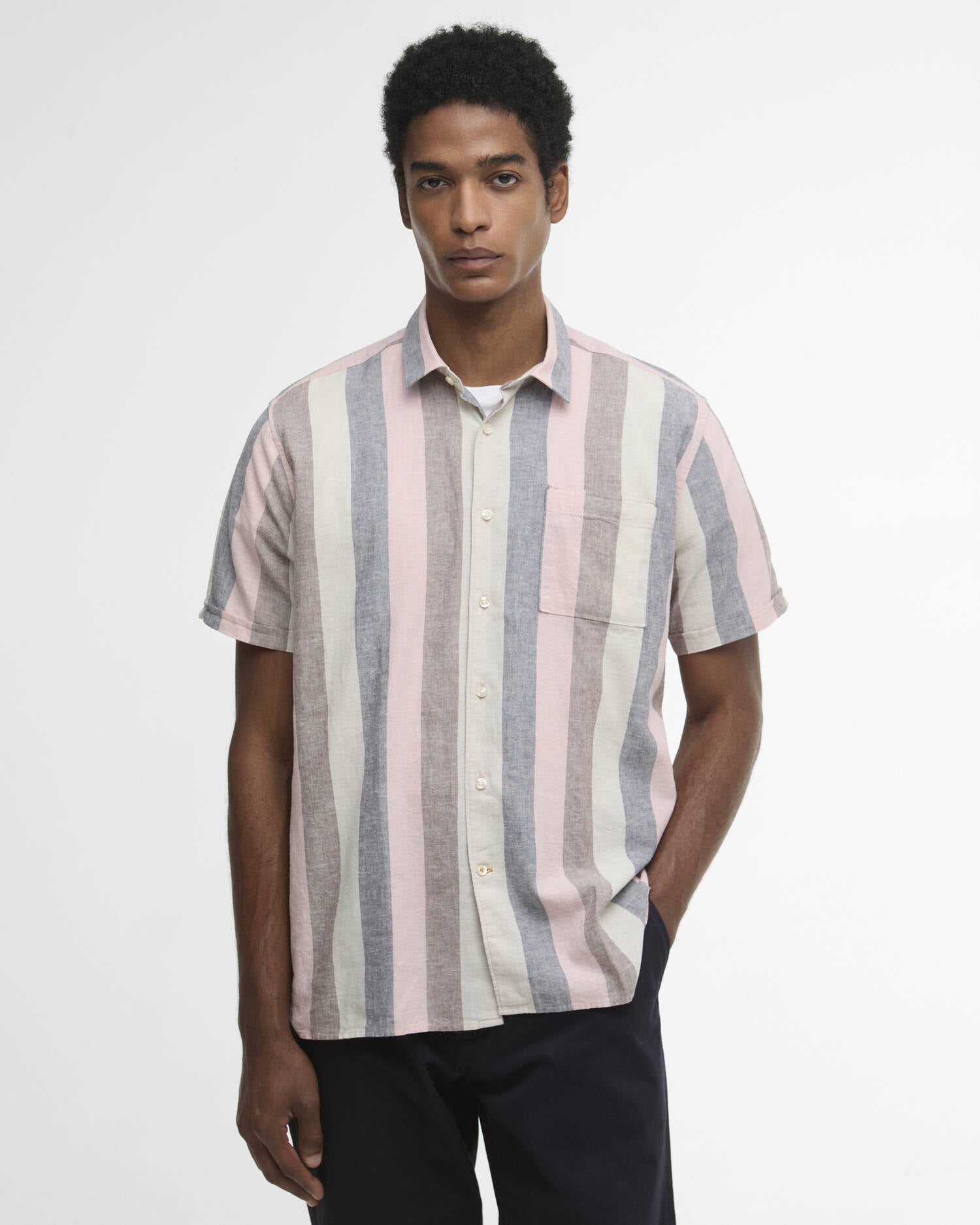 Barbour Portwell short sleeve shirt pink pastel stripe cotton linen front view