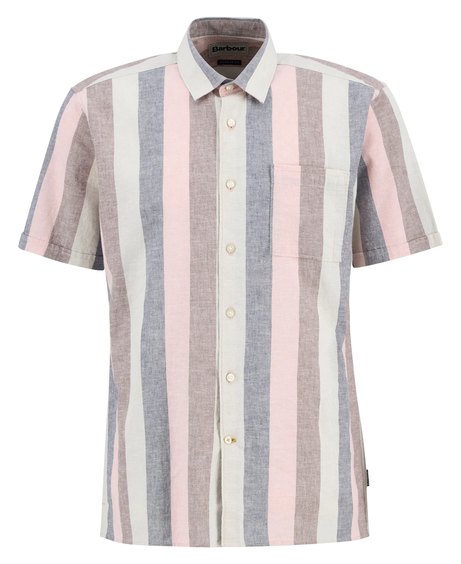 Barbour Portwell short sleeve shirt pink pastel stripe cotton linen angled front view