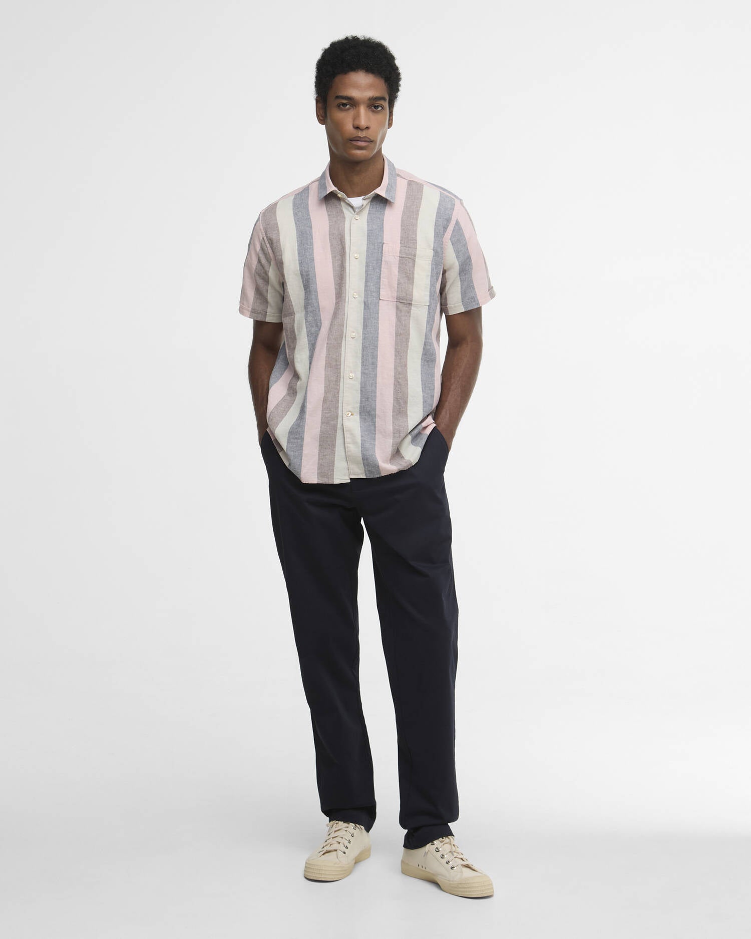 Barbour Portwell short sleeve shirt pink pastel stripe cotton linen full front view