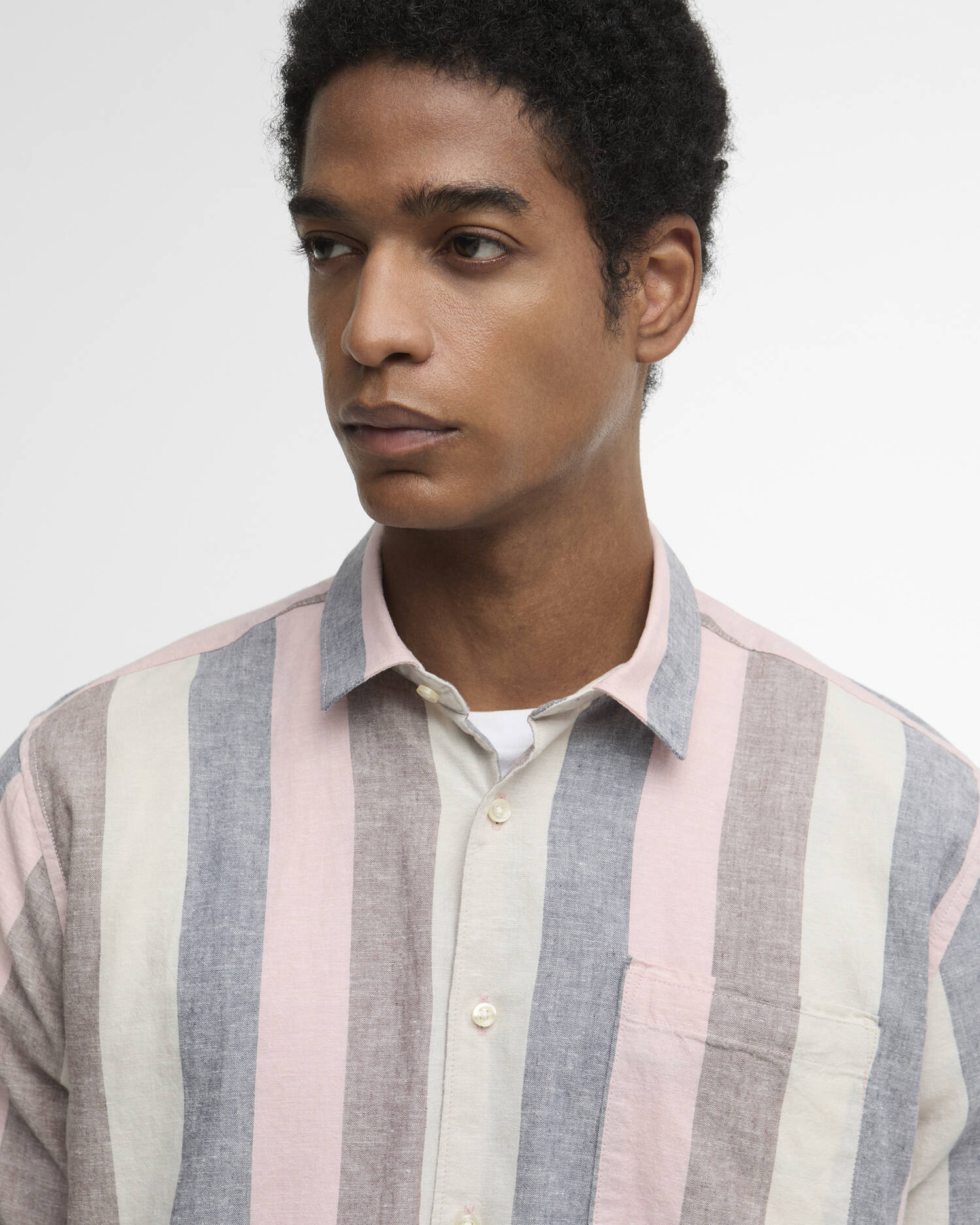 Barbour Portwell short sleeve shirt pink pastel stripe cotton linen front view