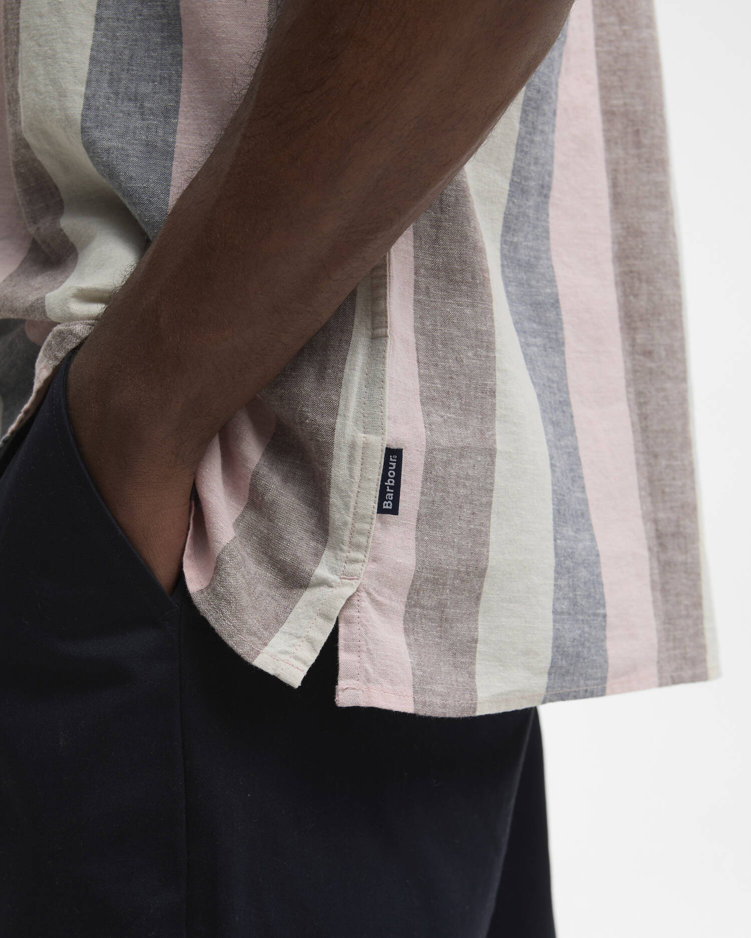 Barbour Portwell short sleeve shirt pink pastel stripe cotton linen chest logo detail view