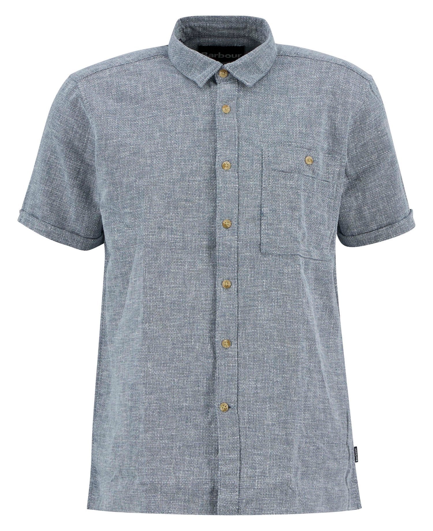 Barbour Firth short sleeve shirt dusk blue textured cotton chest pocket detail view