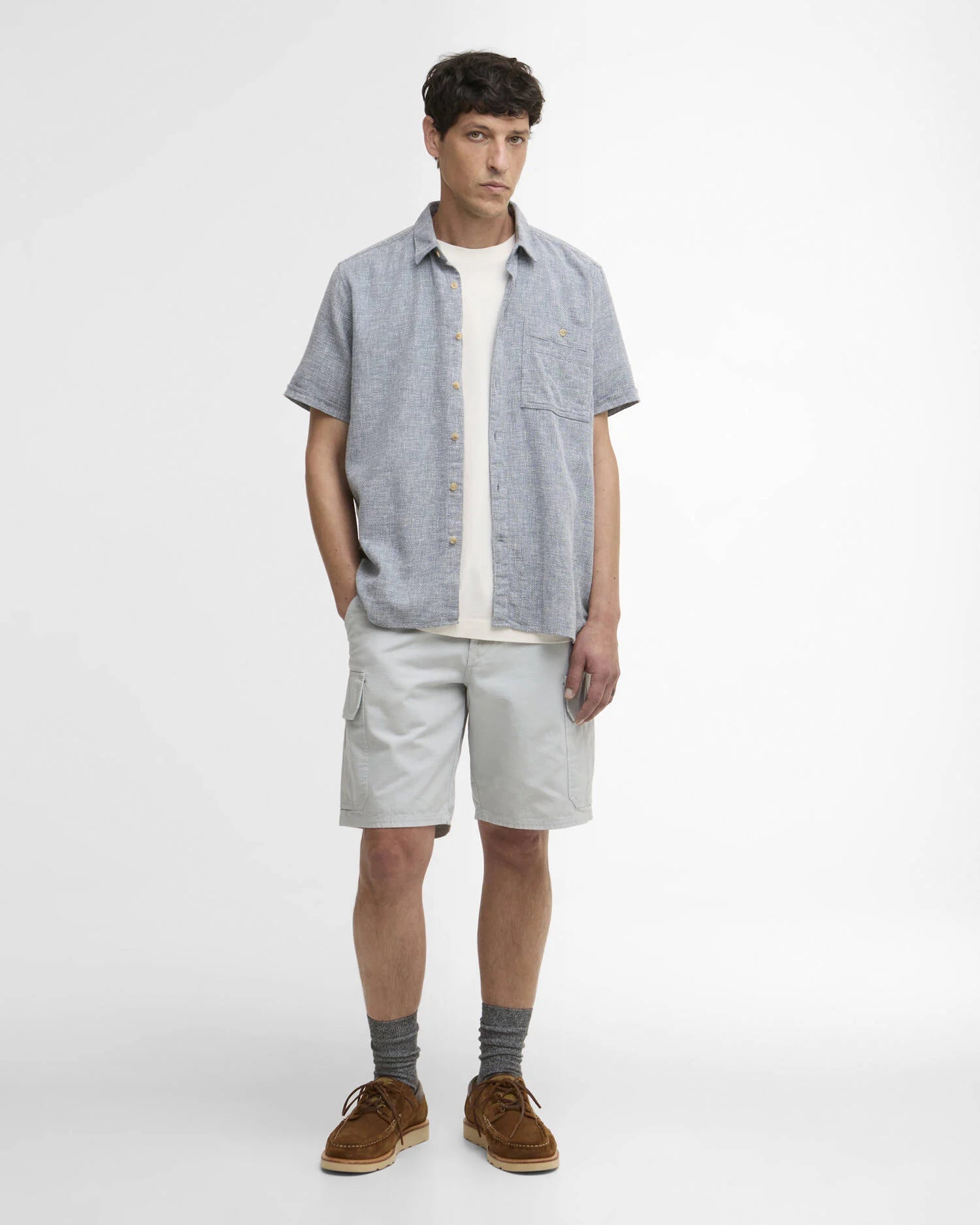 Barbour Firth short sleeve shirt dusk blue textured cotton full front view
