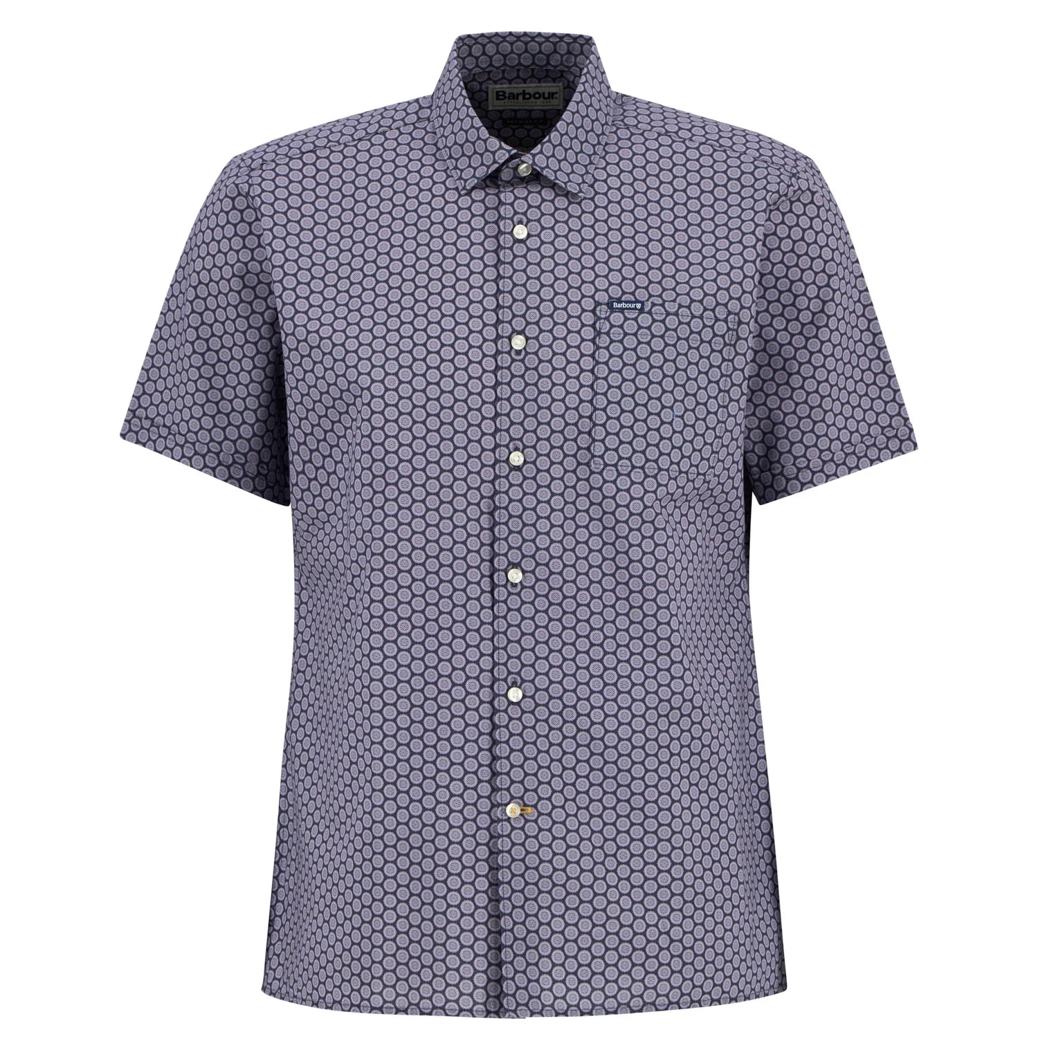 Barbour Appledore short sleeve shirt navy geometric floral print cotton chest logo flat view