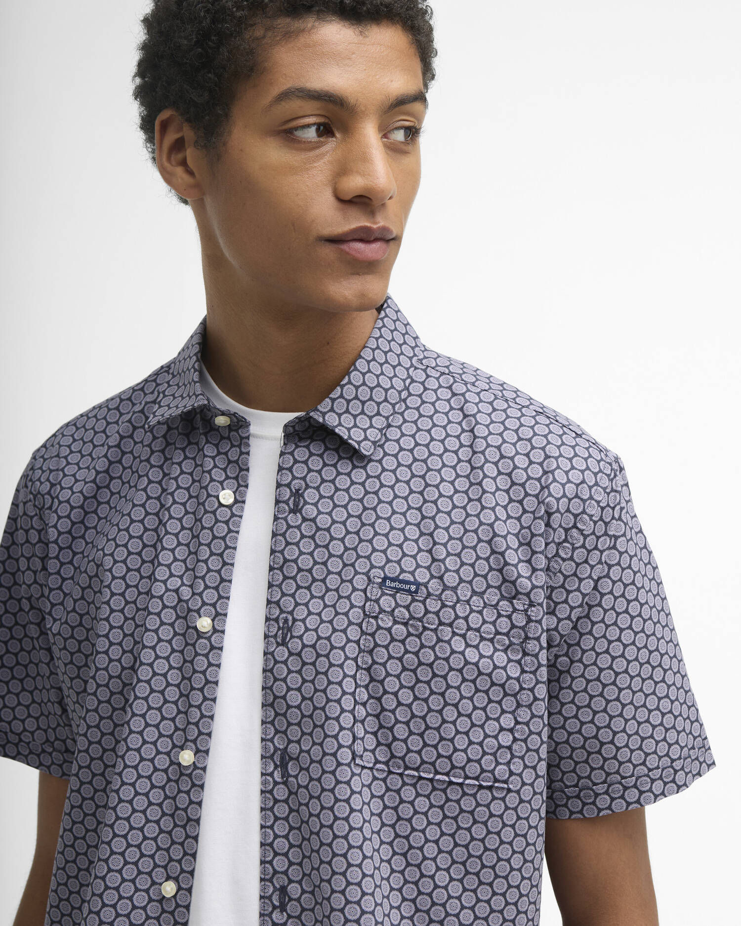 Barbour Appledore short sleeve shirt navy geometric floral print cotton chest logo detail view