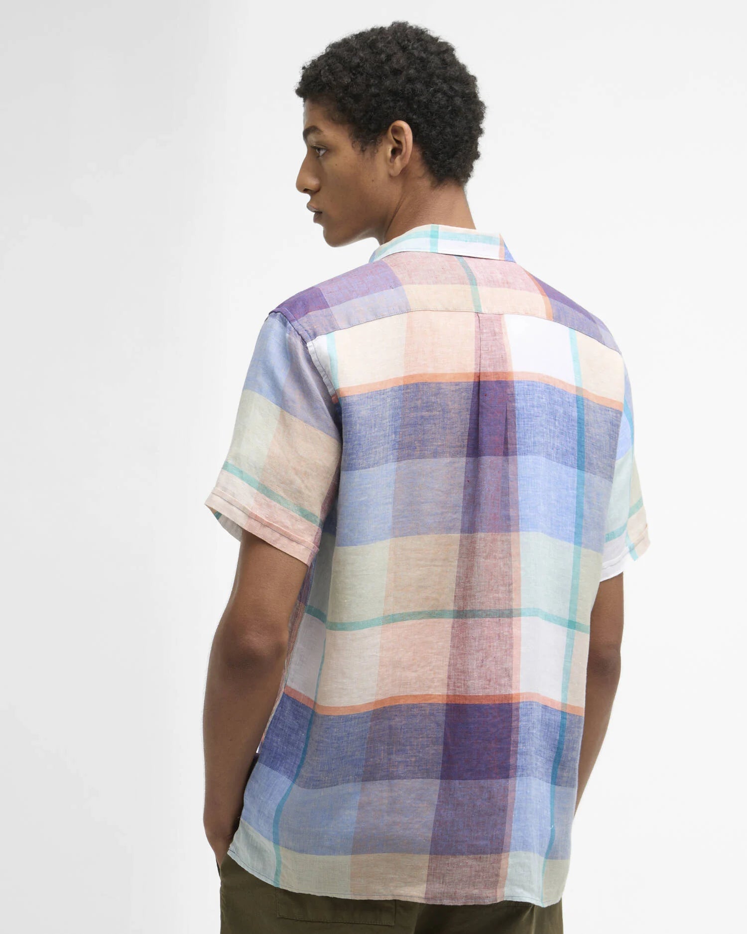 Barbour Bridford short sleeve shirt mint blue gingham check linen angled back view