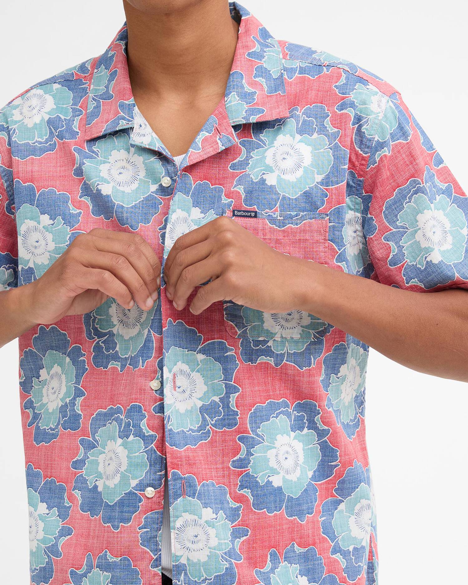 Barbour Hauxley short sleeve shirt lava floral print cotton chest logo detail view