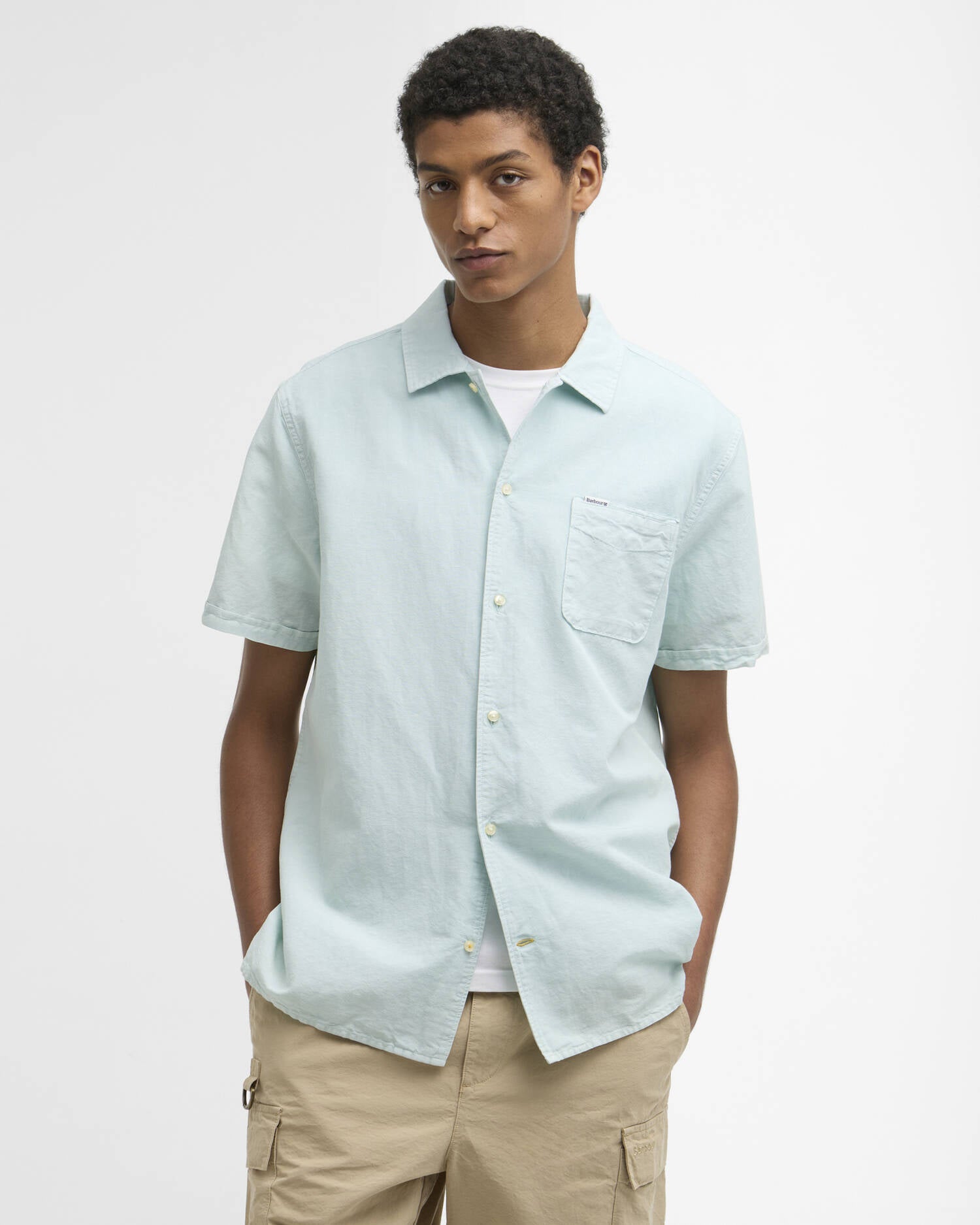 Barbour Landkey short sleeve shirt mint overdyed cotton linen front view