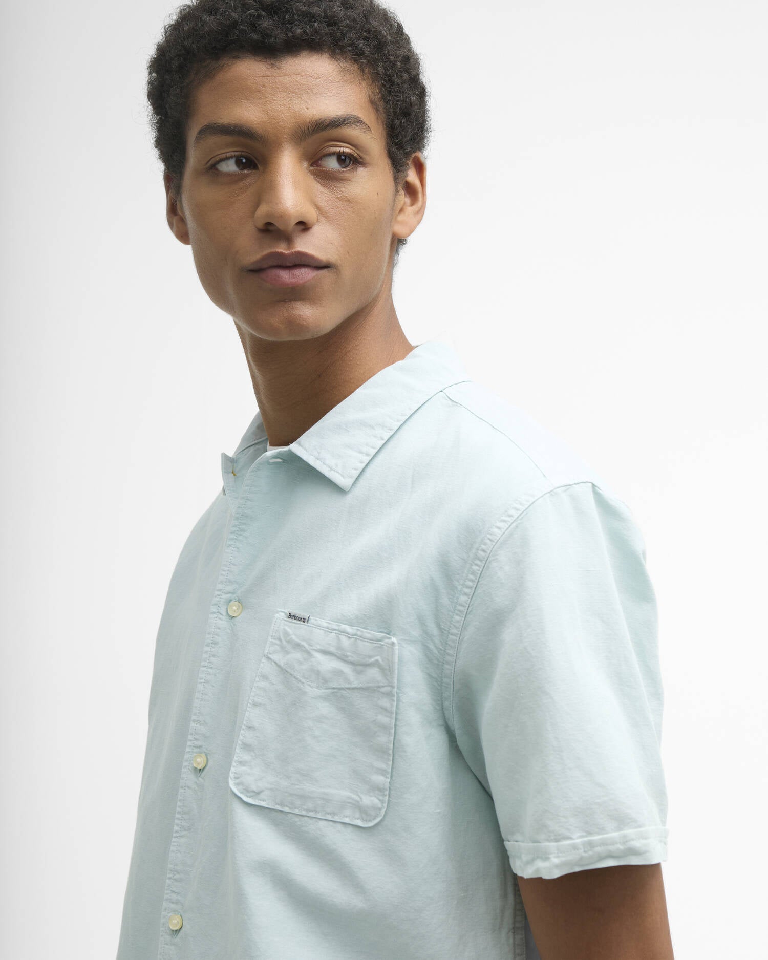 Barbour Landkey short sleeve shirt mint overdyed cotton linen angled front view