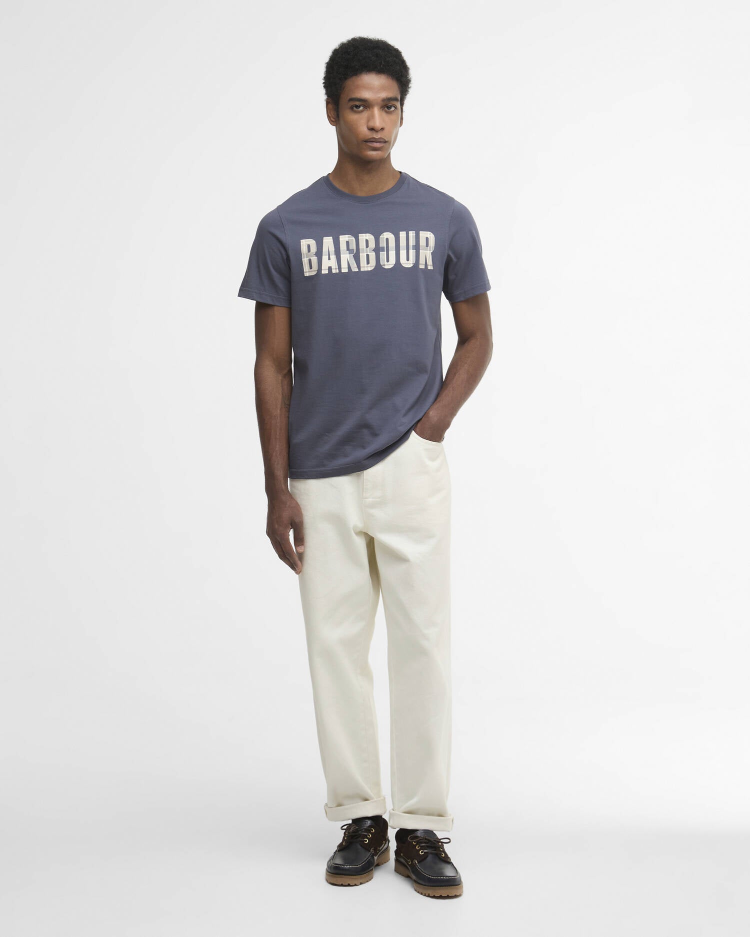 Barbour Thurford T-shirt washed navy cotton tartan logo full front view