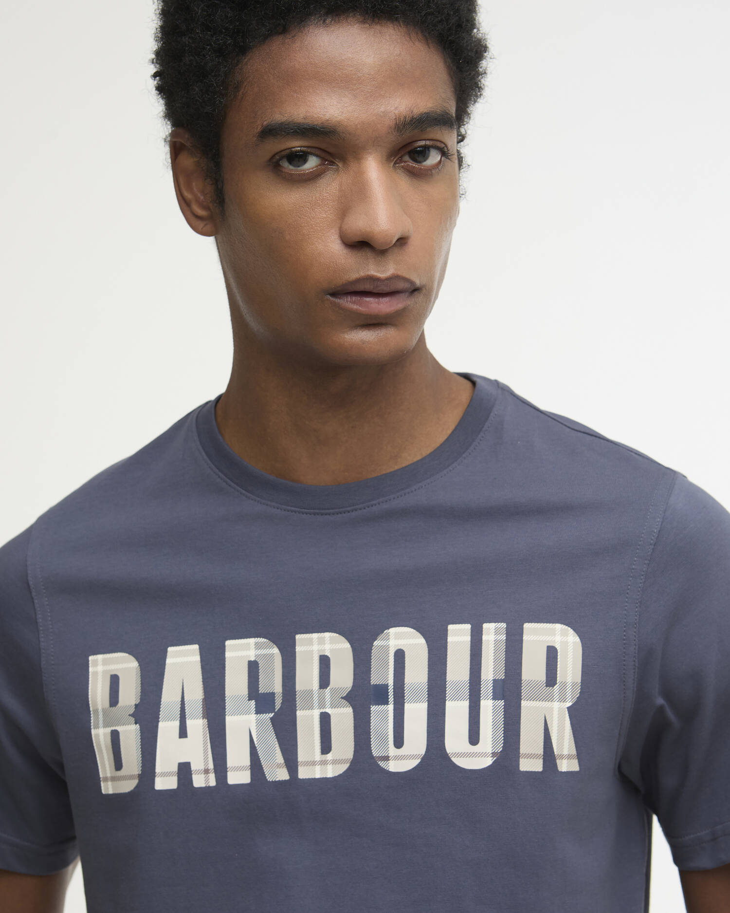 Barbour Thurford T-shirt washed navy cotton tartan logo chest detail view