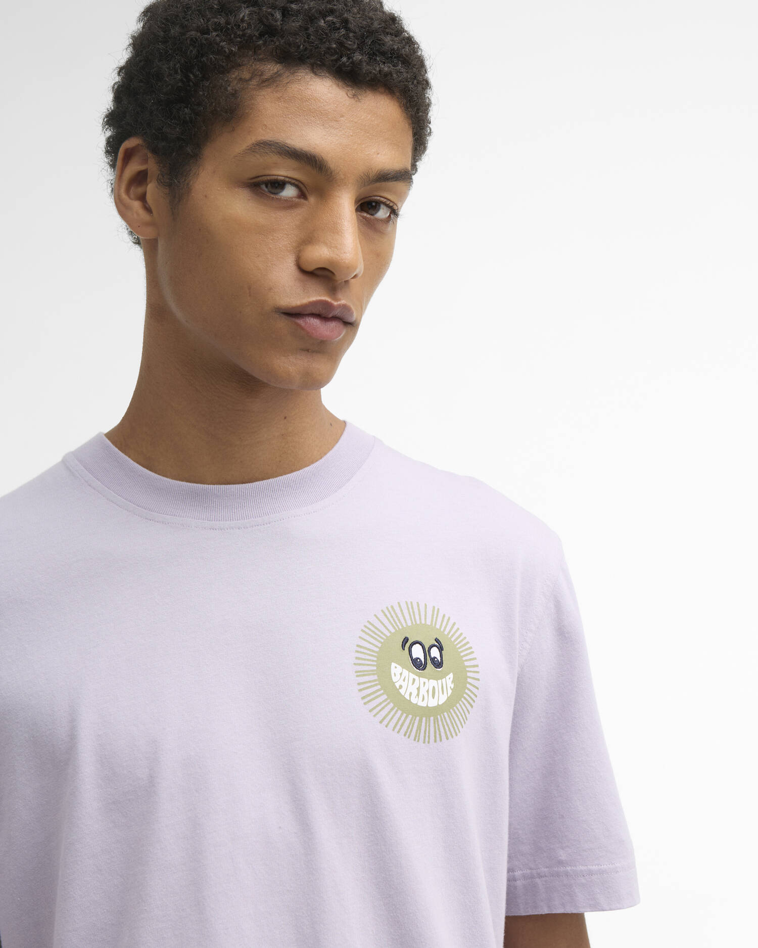 Barbour Westbury graphic T-shirt heather mist cotton character logo chest detail view.