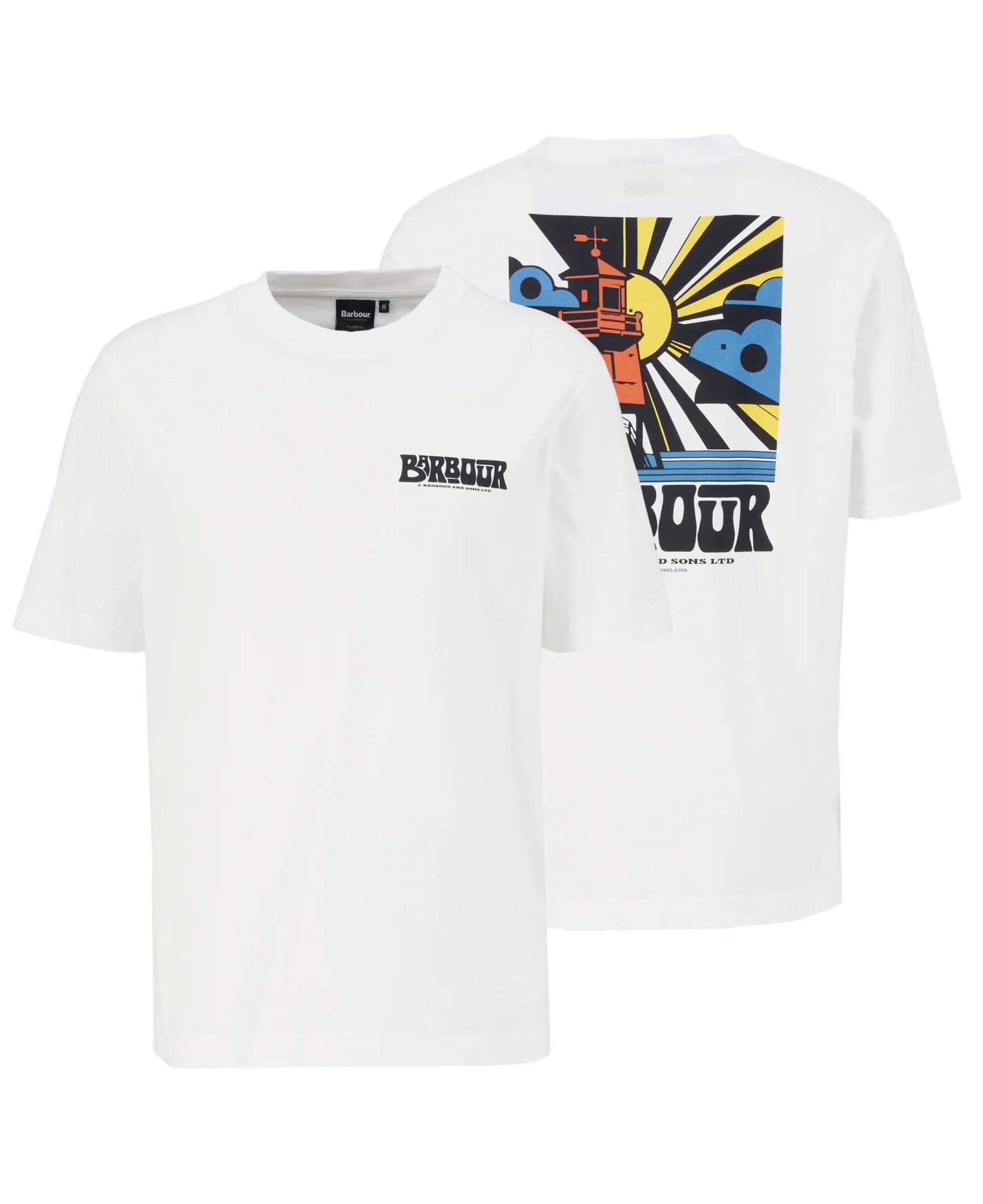 Barbour Frome graphic T-shirt white cotton chest logo front and view back 