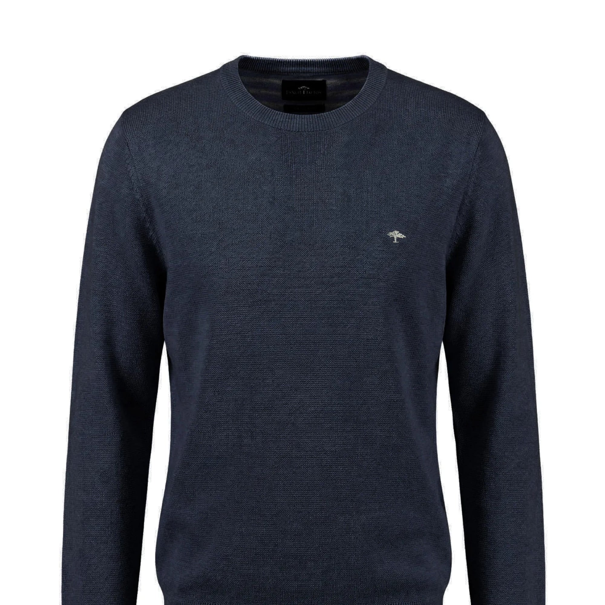 Navy blue sweater with a small logo on a white background