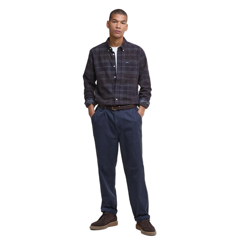 Man wearing a Barbour plaid shirt full view