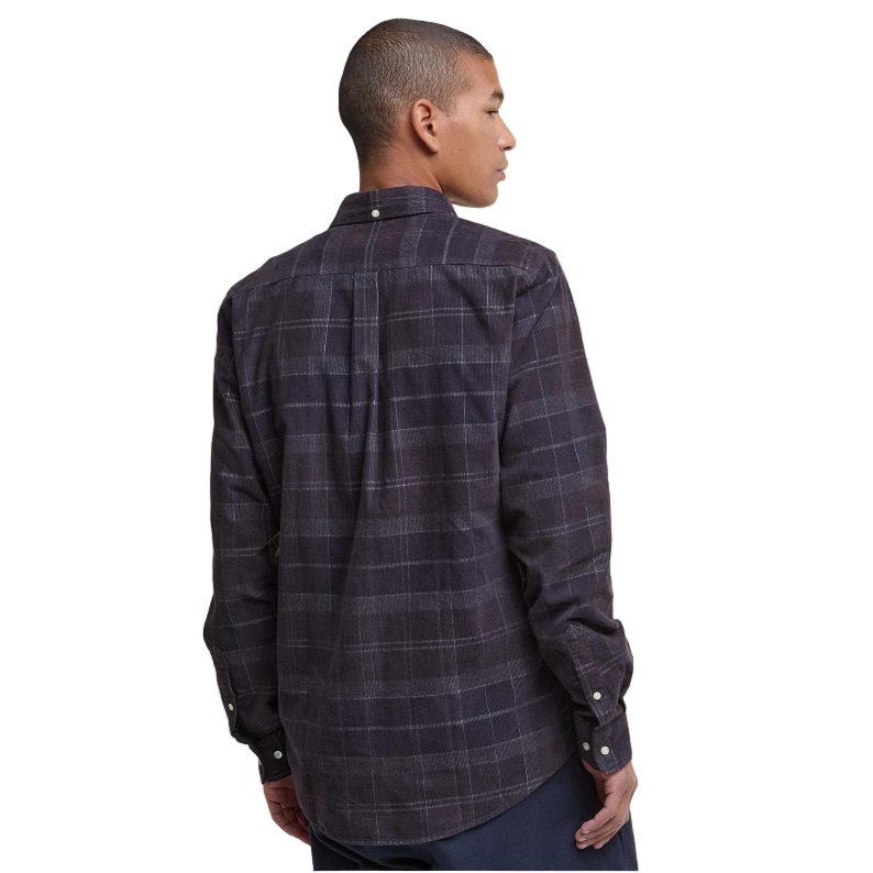 Man wearing a Barbour plaid shirt view from the back