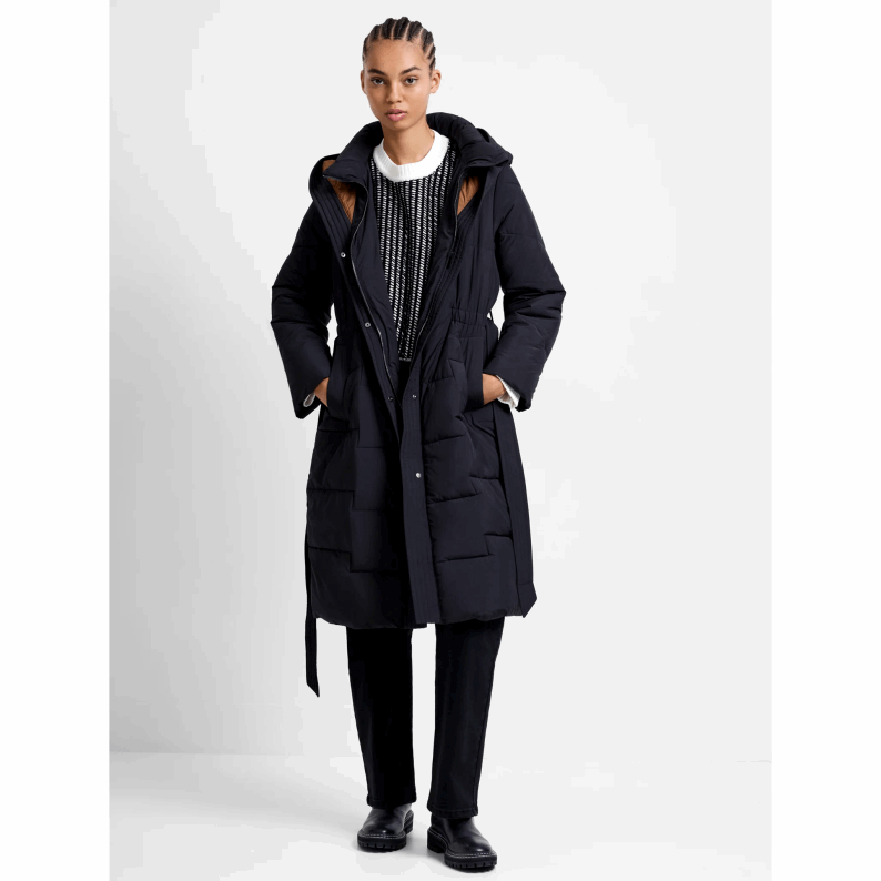 French Connection Minnie Belted Long Sleeve Hooded Coat - Black/Pecan Neutral
