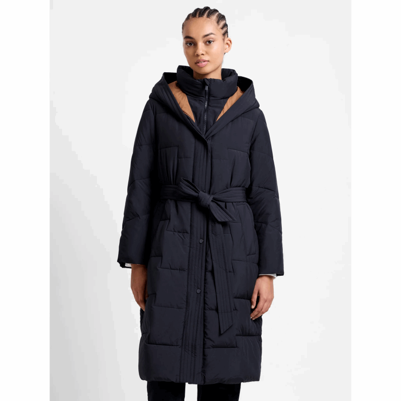 French Connection Minnie Belted Long Sleeve Hooded Coat - Black/Pecan Neutral
