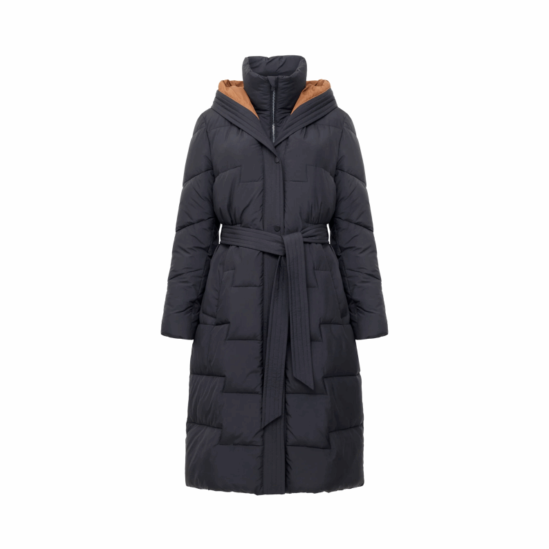 French Connection Minnie Belted Long Sleeve Hooded Coat - Black/Pecan Neutral