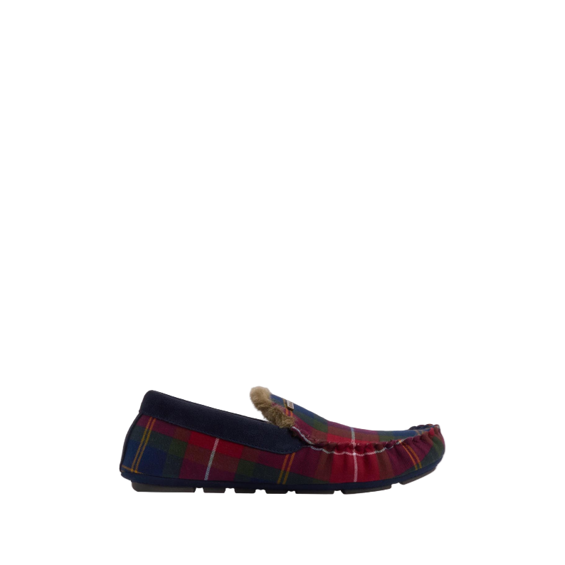 Plaid patterned flat shoe on a light gray background