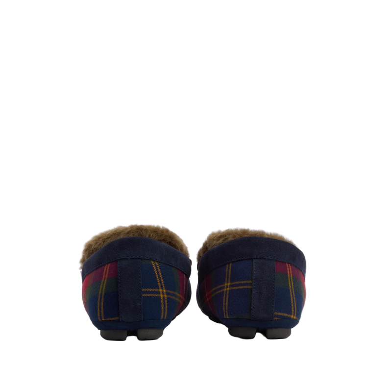 Pair of navy blue plaid slippers with brown fur on a white background