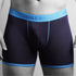 Black boxer briefs with blue waistband and branding on a gray background