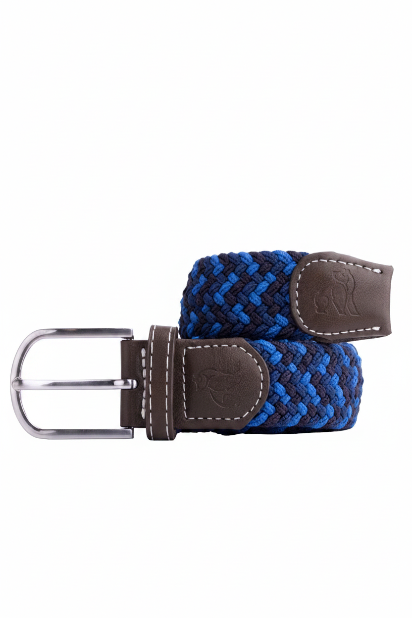 Blue braided belt with brown leather buckle on a white background